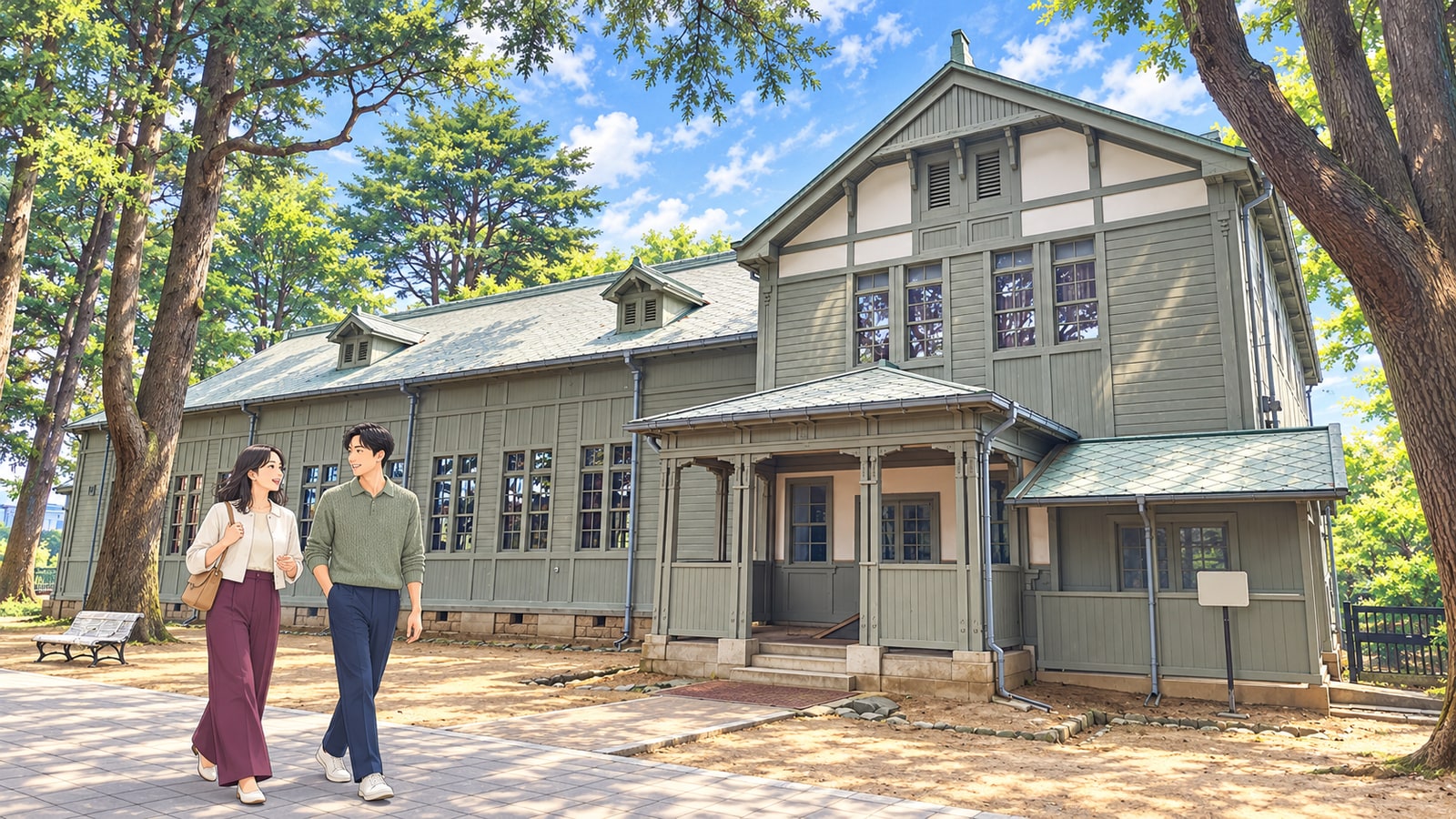 あがたの森の旧制松本高等学校の木造校舎と、前を歩く二人の旅行者のイラスト