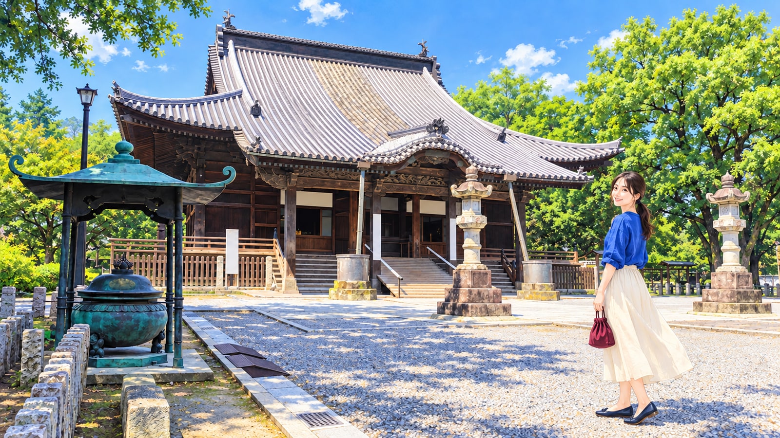 鑁阿寺の瓦屋根の本堂と石灯籠、境内に立つ女性のイラスト
