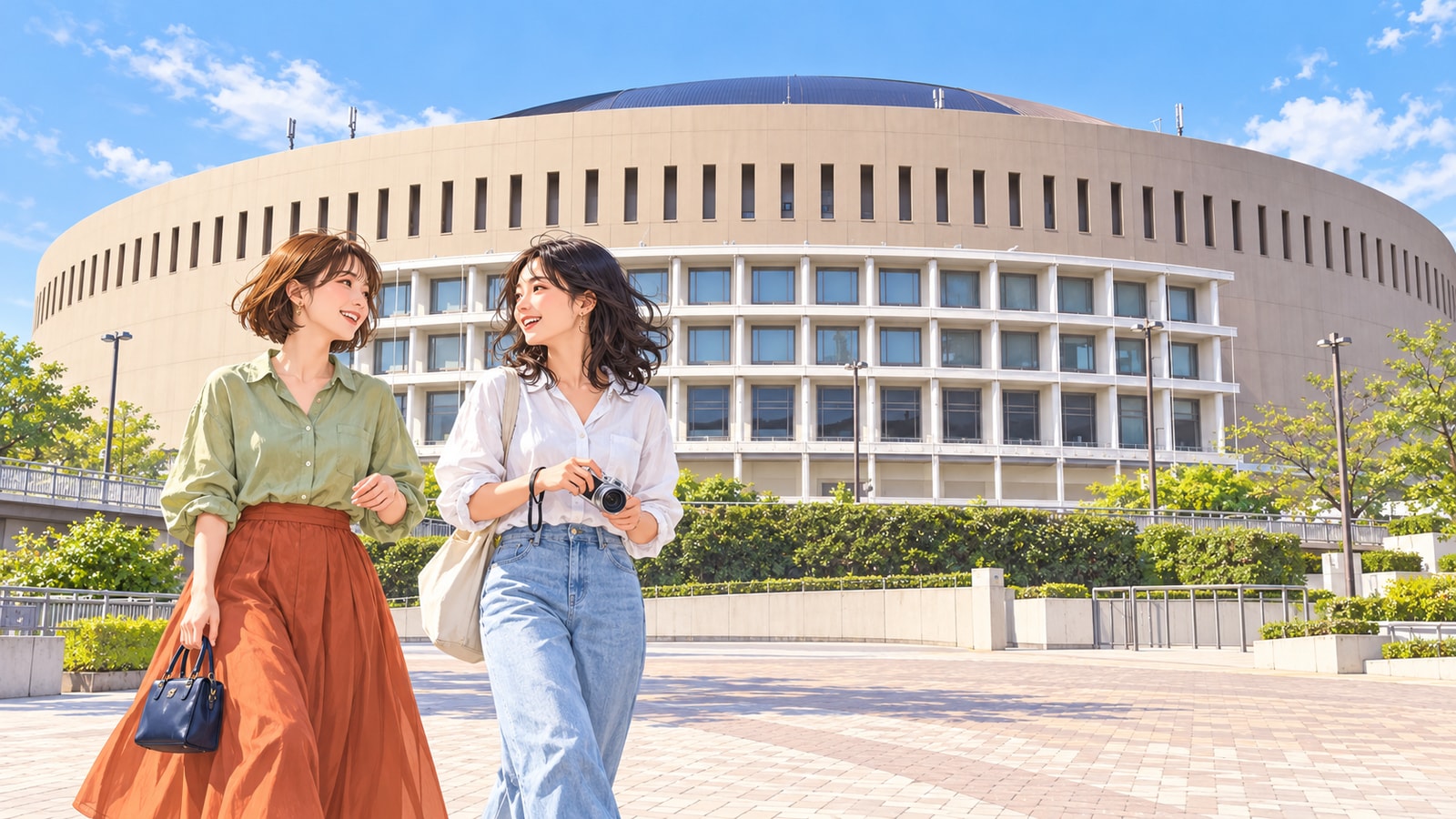 みずほPayPayドーム福岡の丸い外壁と、前の広場を歩く二人の女性のイラスト