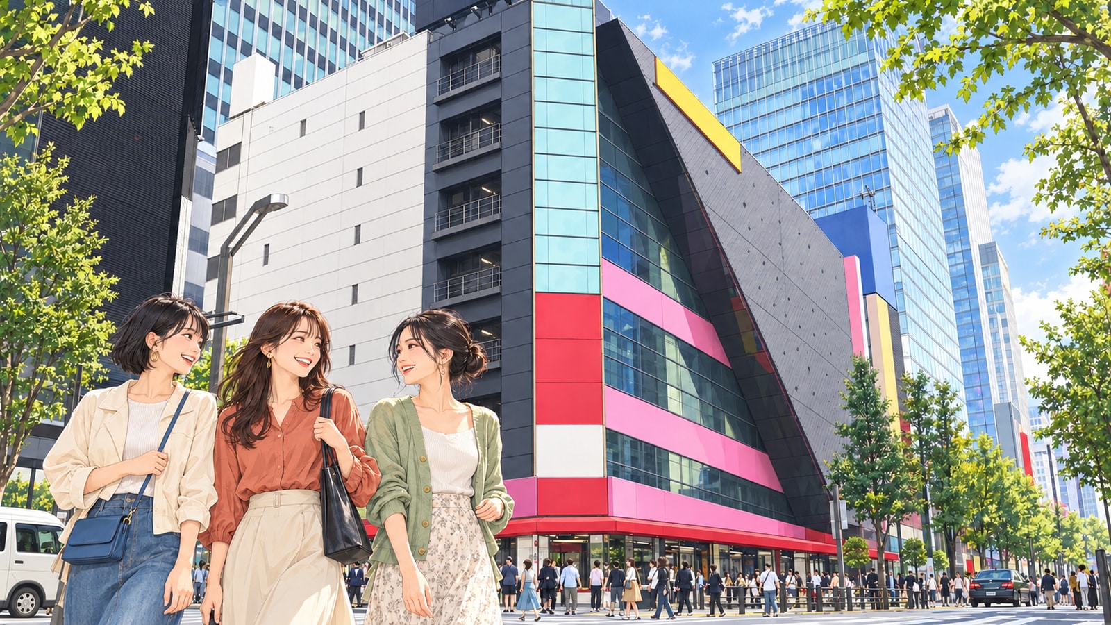 AKB48劇場が入る秋葉原の商業ビル前を歩く三人の女性のイラスト