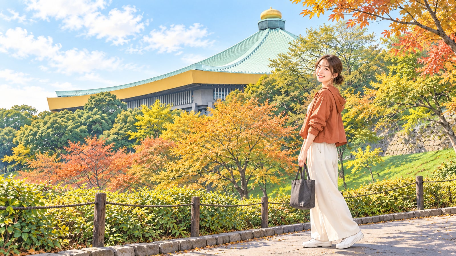 北の丸公園の木々越しに日本武道館の大屋根を眺める女性のイラスト