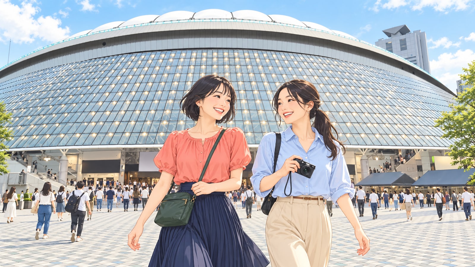 東京ドームの白い屋根と曲面ガラスの外壁を訪れる二人の女性のイラスト