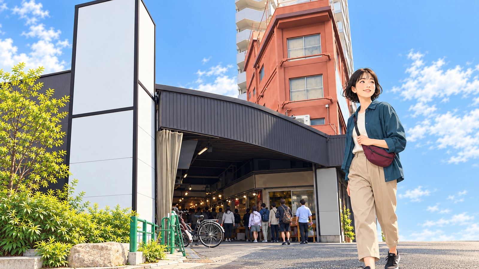 柳橋連合市場の赤い建物とアーチ形の入口、手前の女性のイラスト