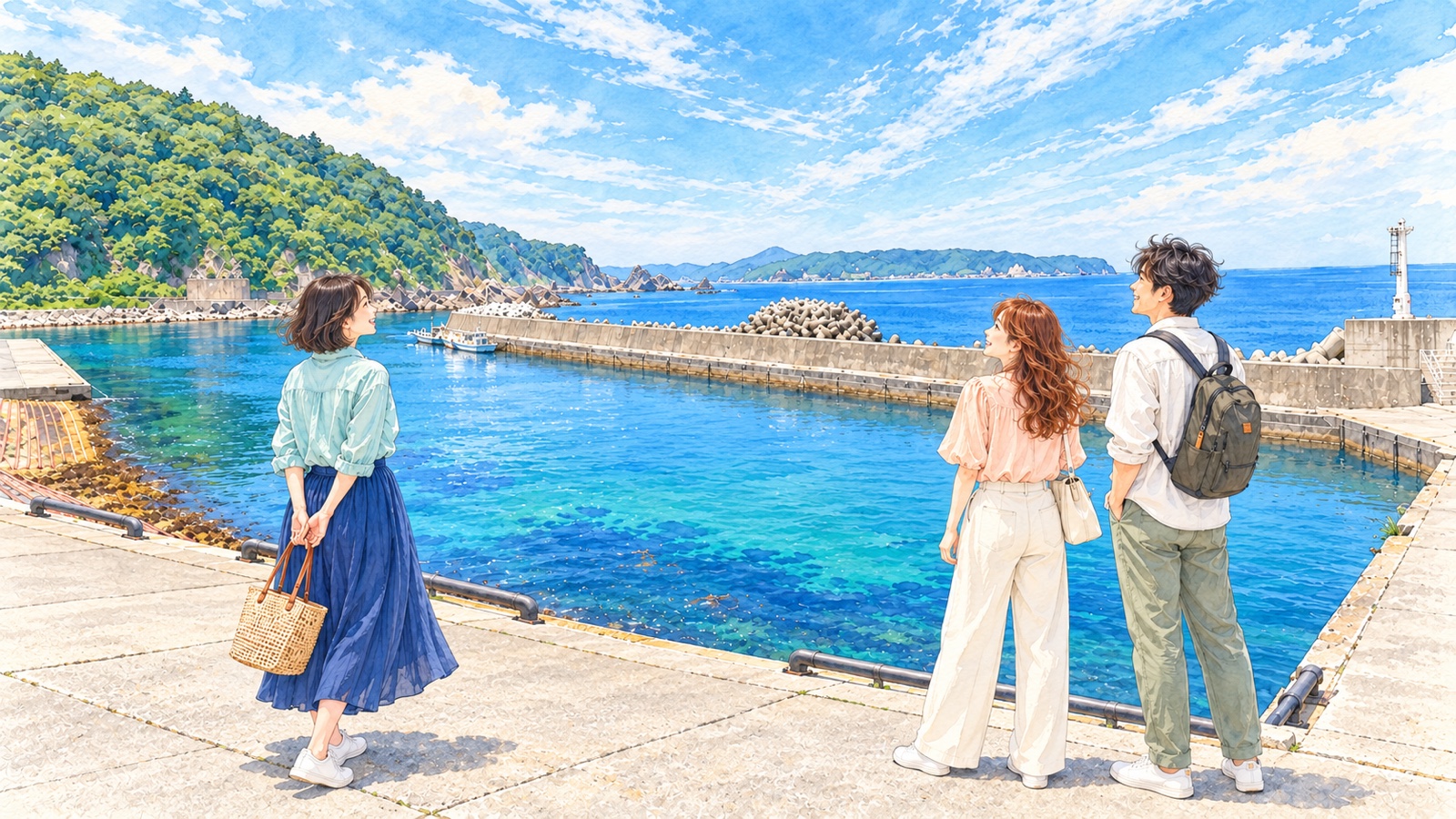 Illustration of three travelers looking out at the harbor and white lighthouse along Kosode Coast