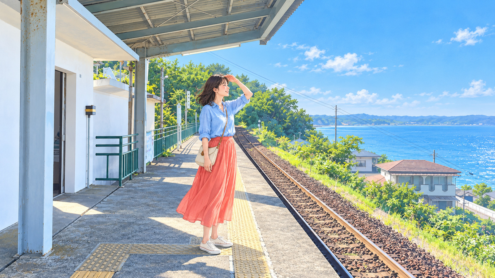 Illustration of a woman looking out at the sea from the platform and green fence of Horinai Station