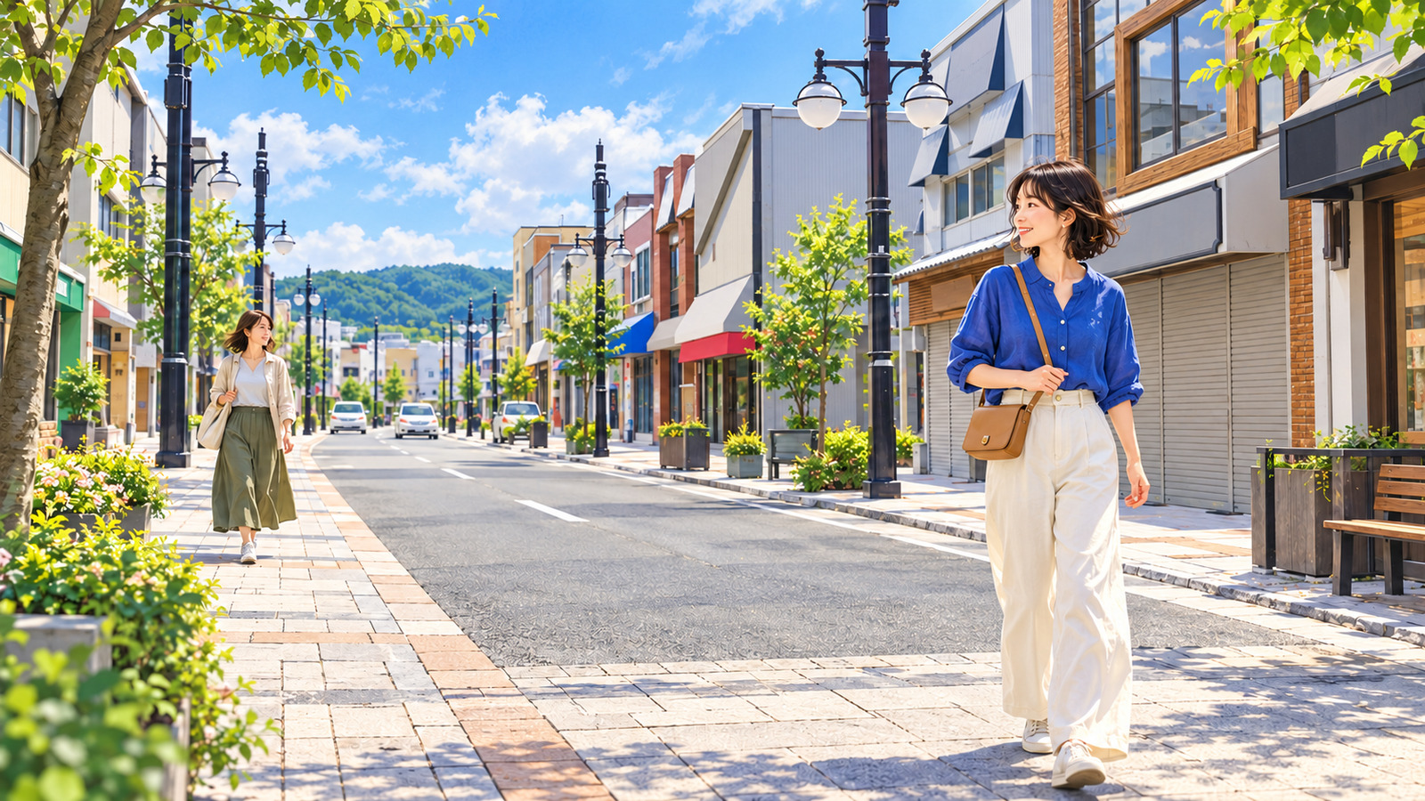 Illustration of two women walking along Judan-dori Shopping Street in Kuji beneath its round streetlamps