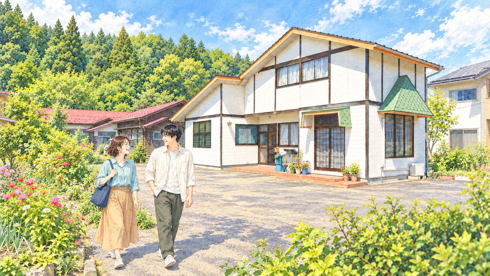 Illustration of two travelers outside the white-walled, dark-beamed building of Ueyama Amber Crafts