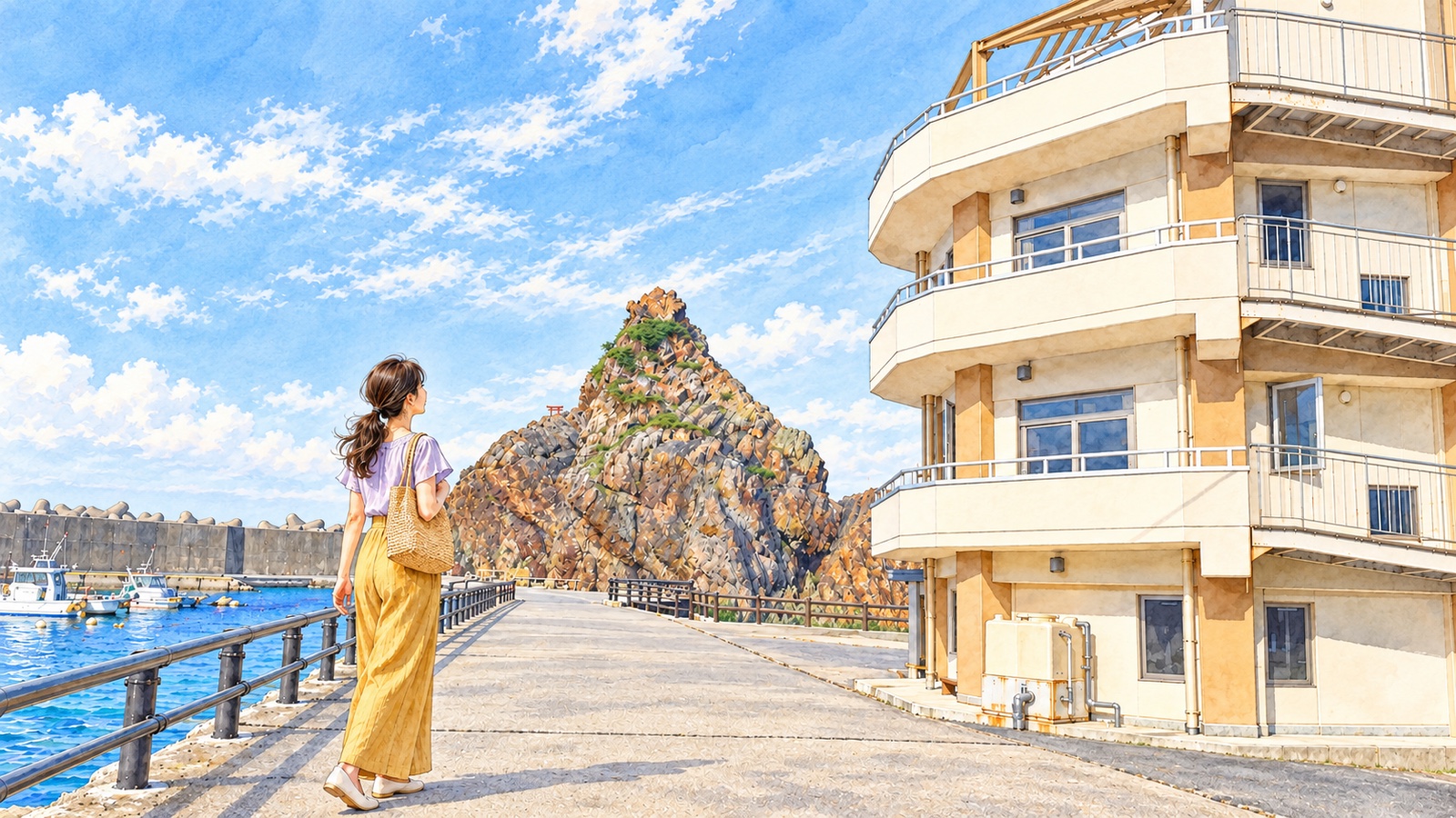 Illustration of the curved white exterior walls of Kosode Ama Center and a woman in the foreground