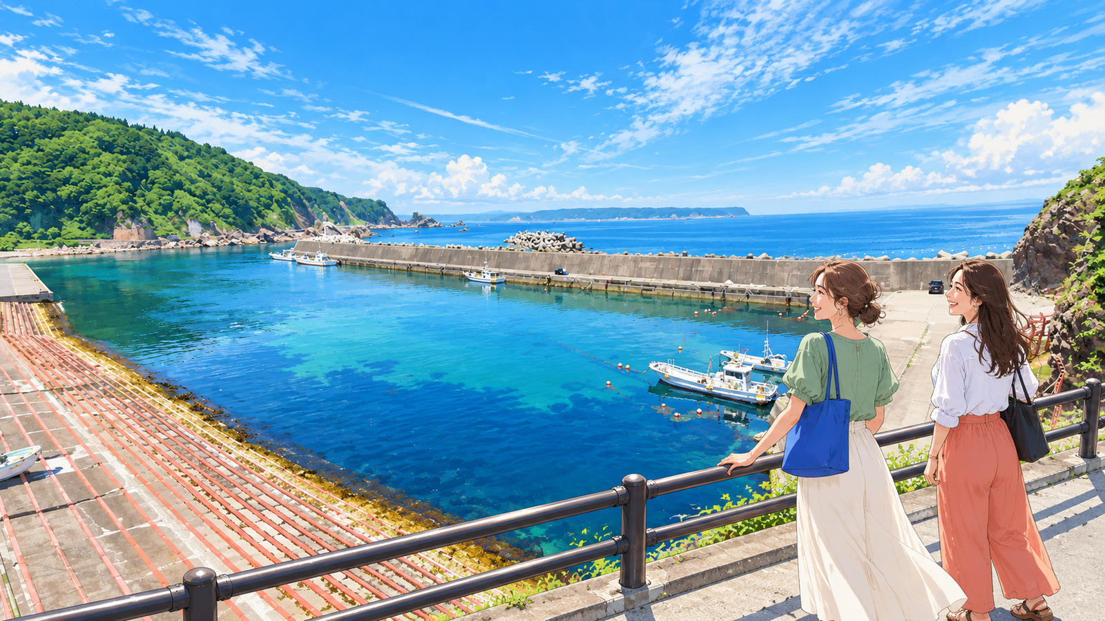 Illustration of two women looking out at the harbor and breakwater of Kosode Coast