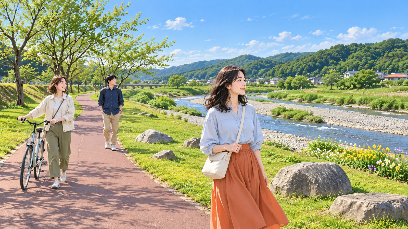 Illustration of three travelers spending time along the shallow waters and gravel bank of the Kuji River