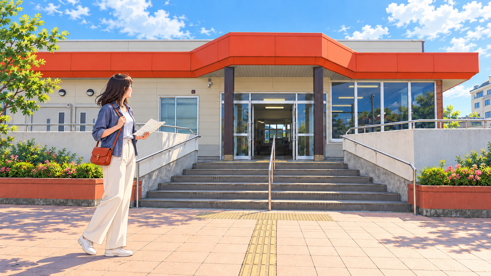 Illustration of Sanriku Railway Kuji Station with its overhanging orange roof and a woman holding a map