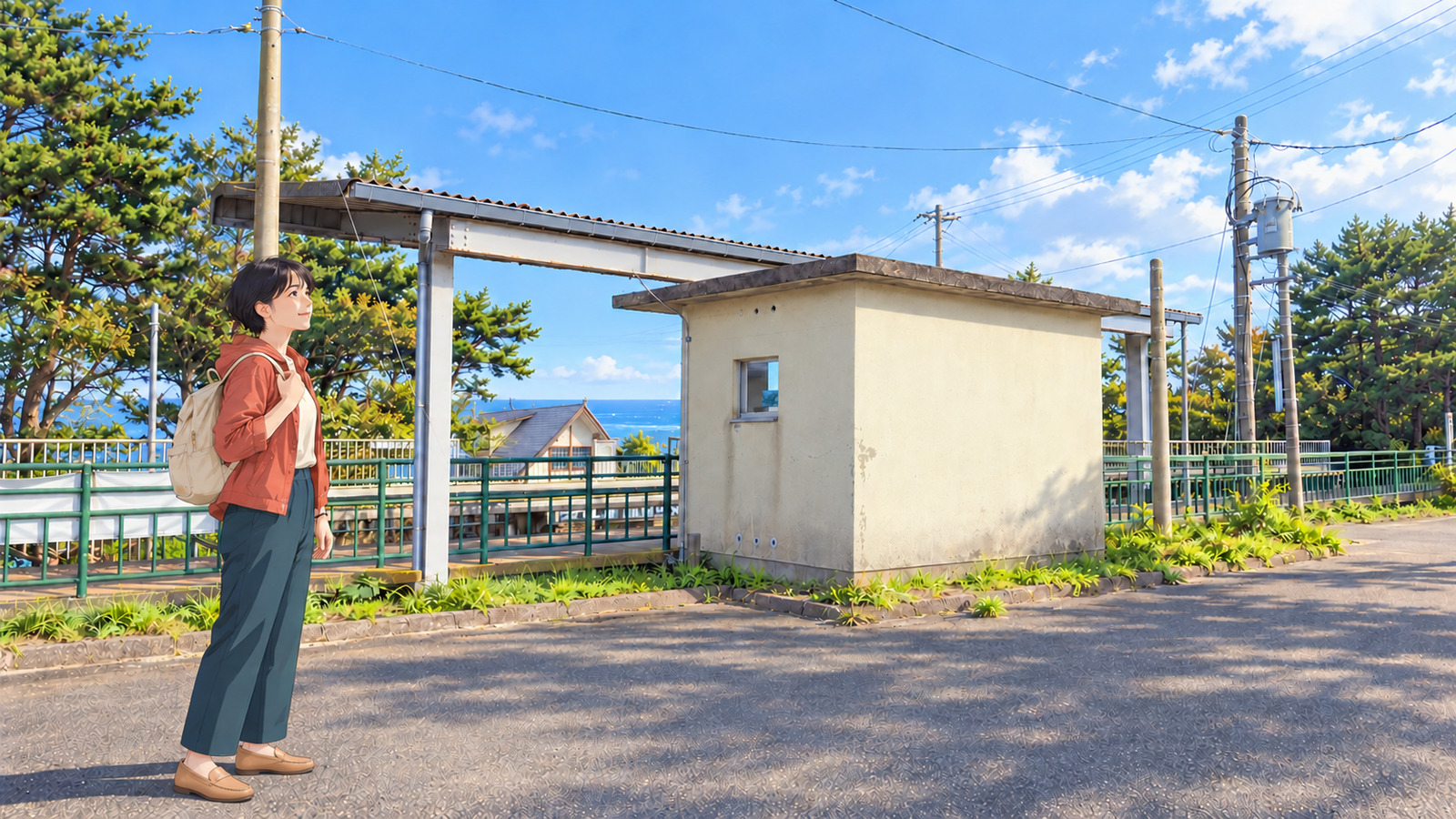 Illustration of the small station building of Noda-Tamagawa Station against the sea and a woman in front