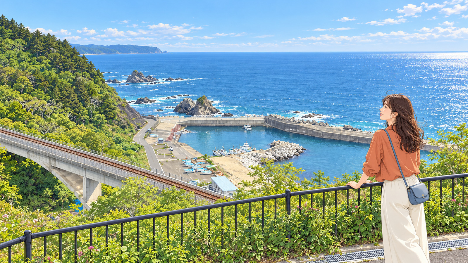Illustration of a woman viewing Osawa Bridge and the ocean from near Rest House Ushio