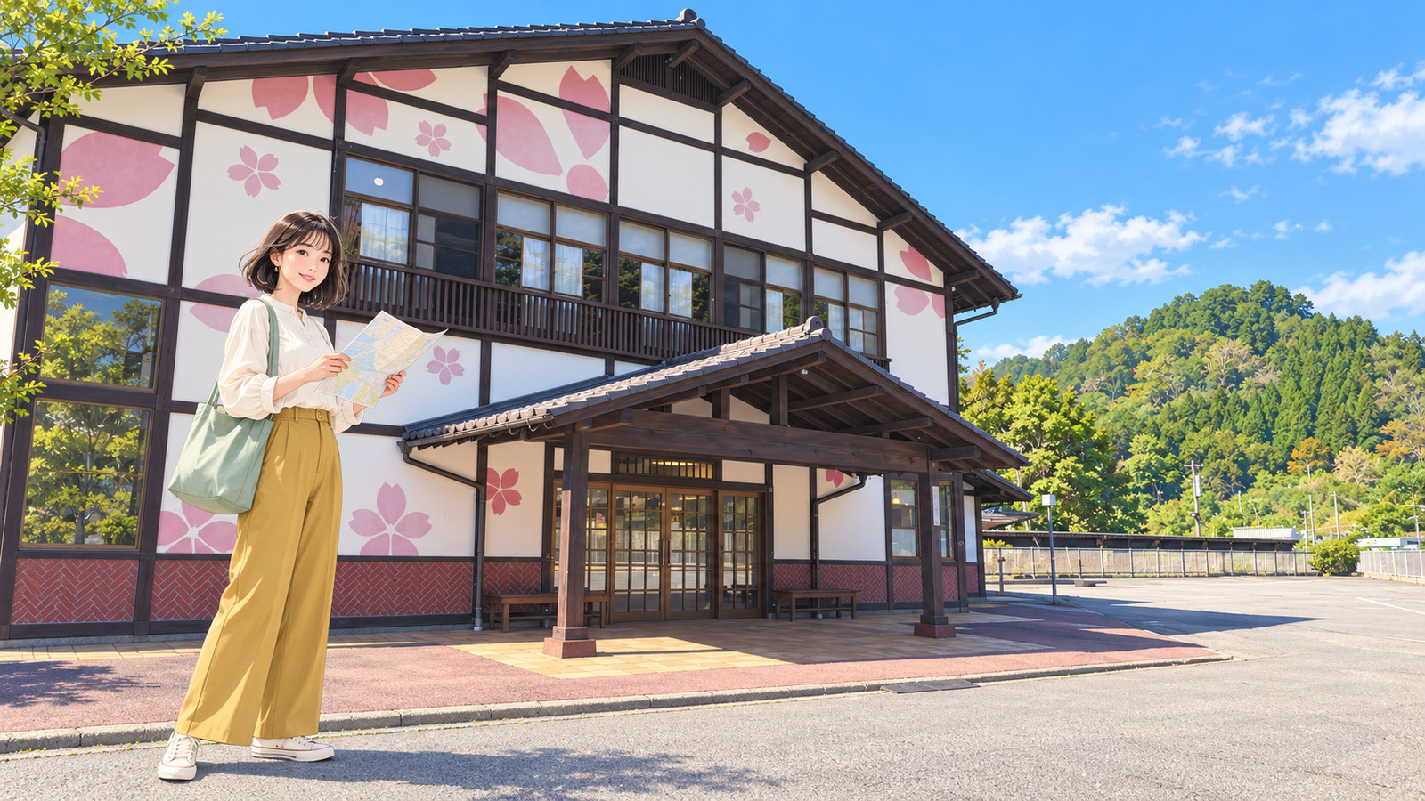 Illustration of Tanohata Station with its cherry-blossom-patterned white wall and wooden beams and a woman holding a map
