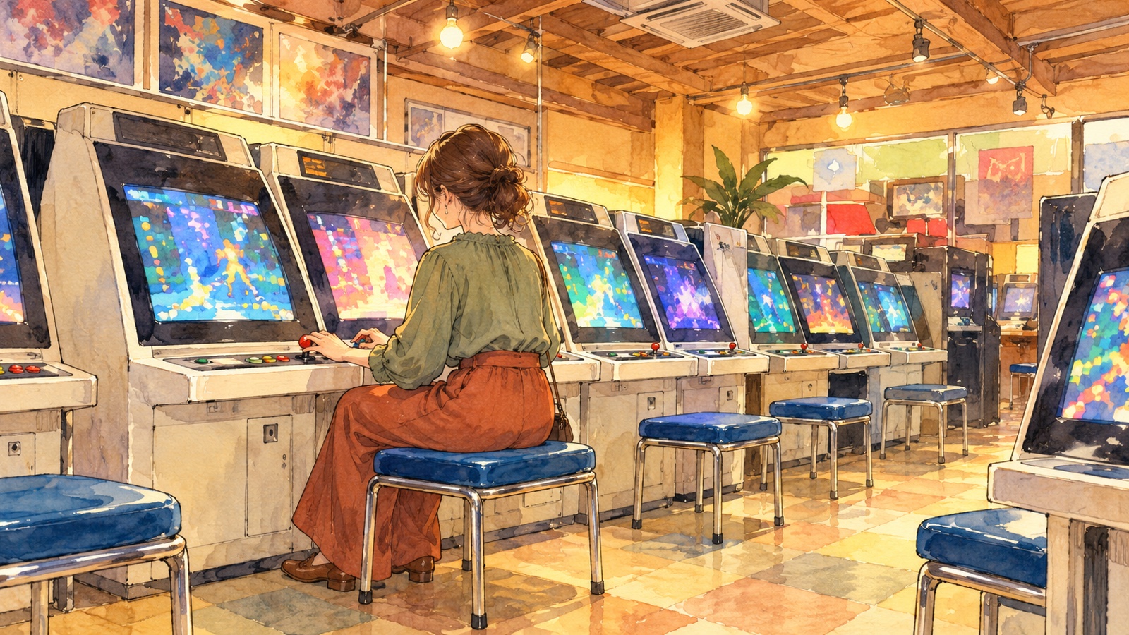白い筐体が並ぶミカドの店内で、レバーとボタンを操作する成人女性を描いた水彩イラスト