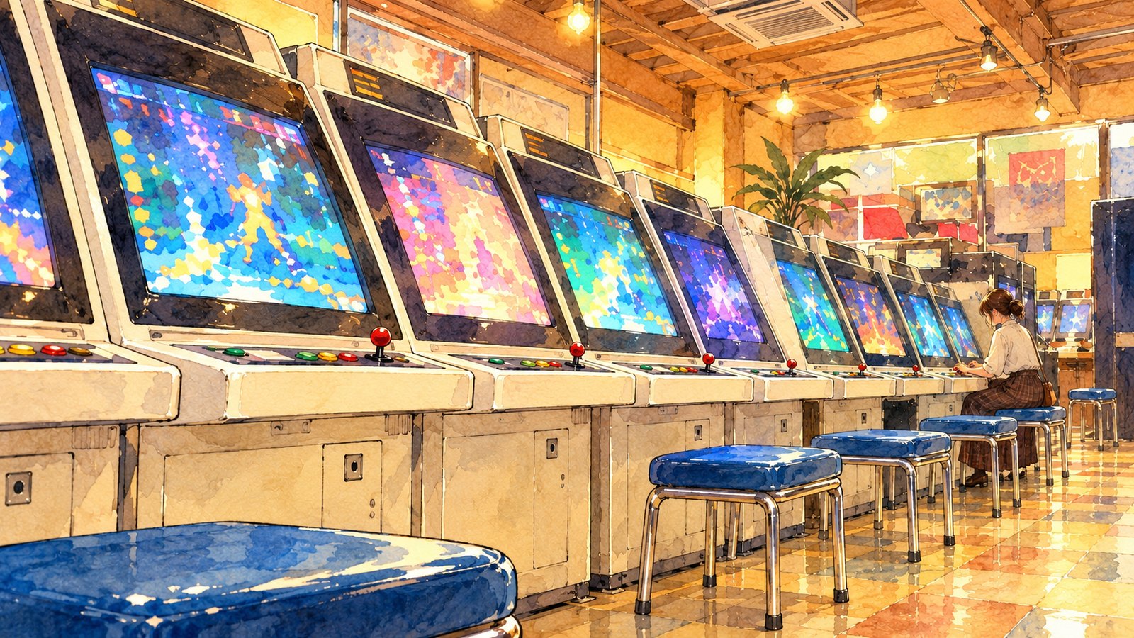 Illustration inside Mikado, with rows of white versus-fighting-game cabinets.