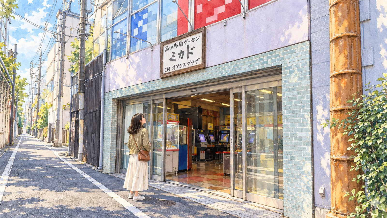 「高田馬場ゲーセン ミカド IN オアシスプラザ」の看板を掲げた入口を、女性が見上げているイラスト