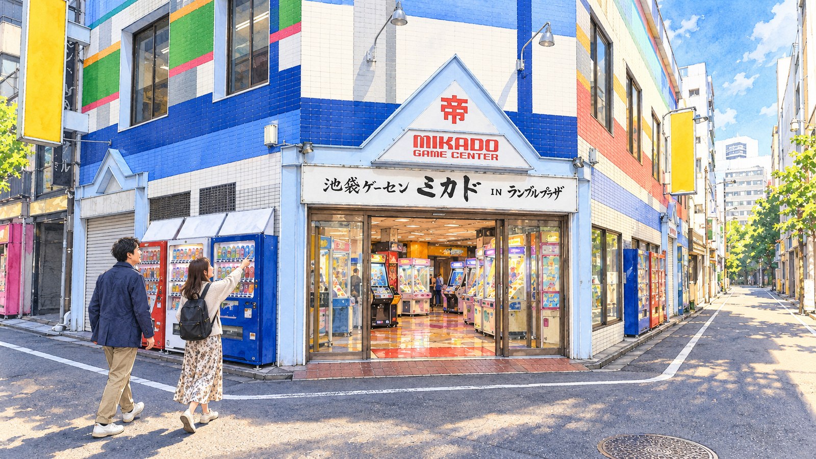 「帝」の破風と「MIKADO GAME CENTER」の看板がある池袋ミカドの角の入口と、指差す男女のイラスト