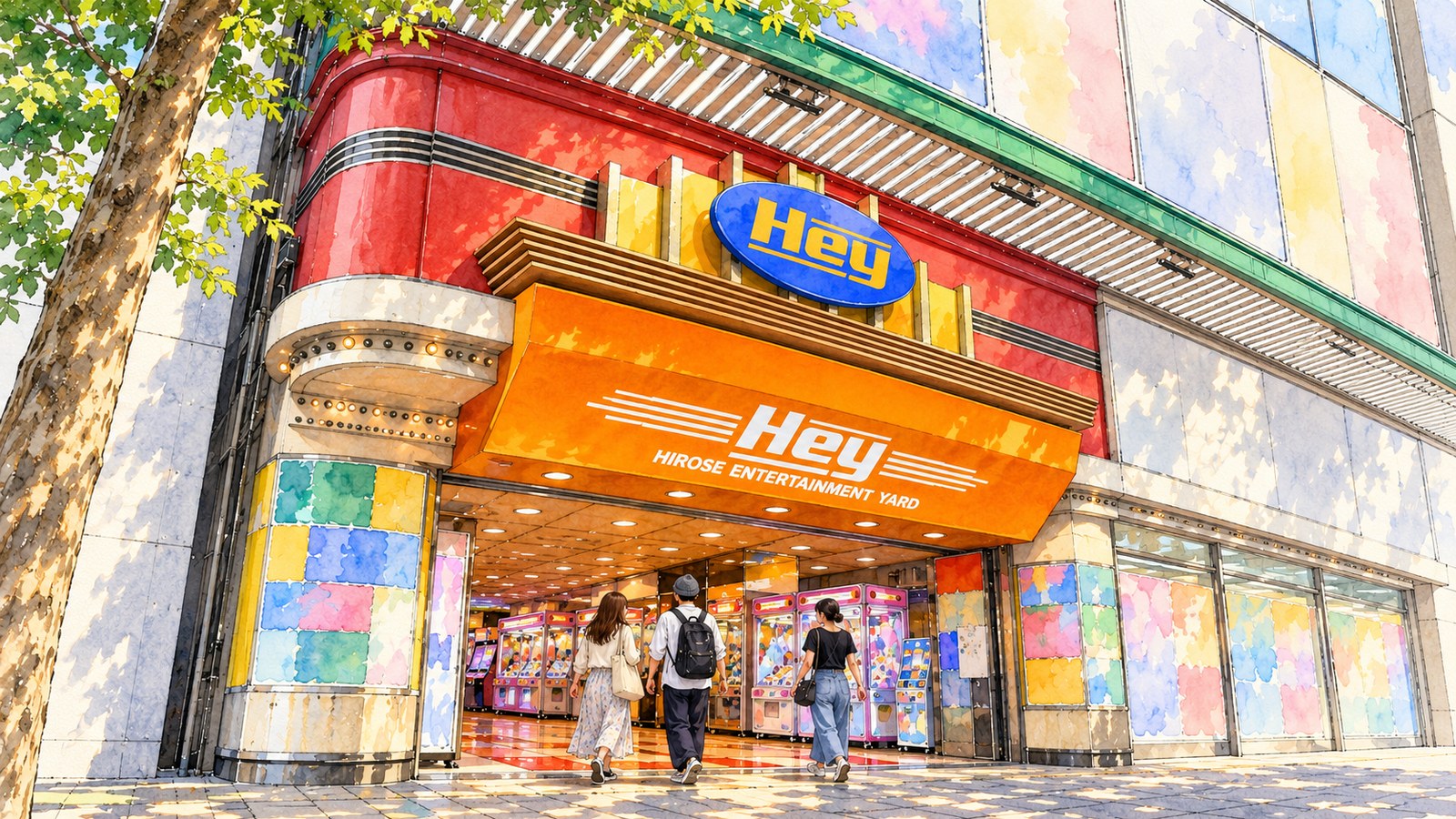青い楕円の「Hey」看板とオレンジの庇の入口へ、三人の若者が入っていくイラスト