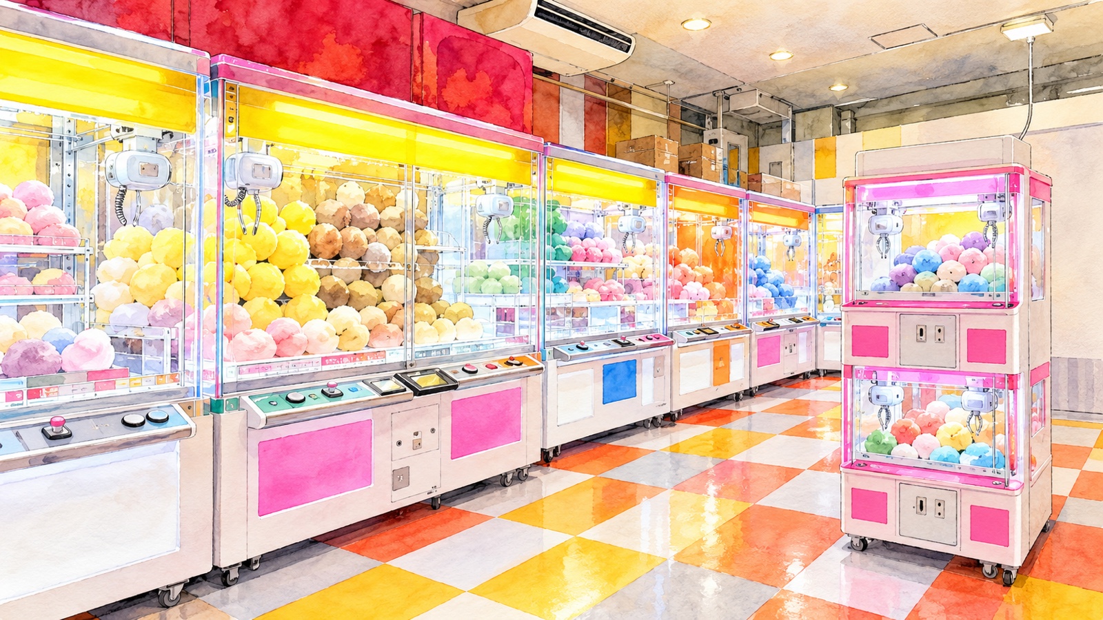 色鮮やかな床と白いクレーンゲーム機が並ぶHey2店内
