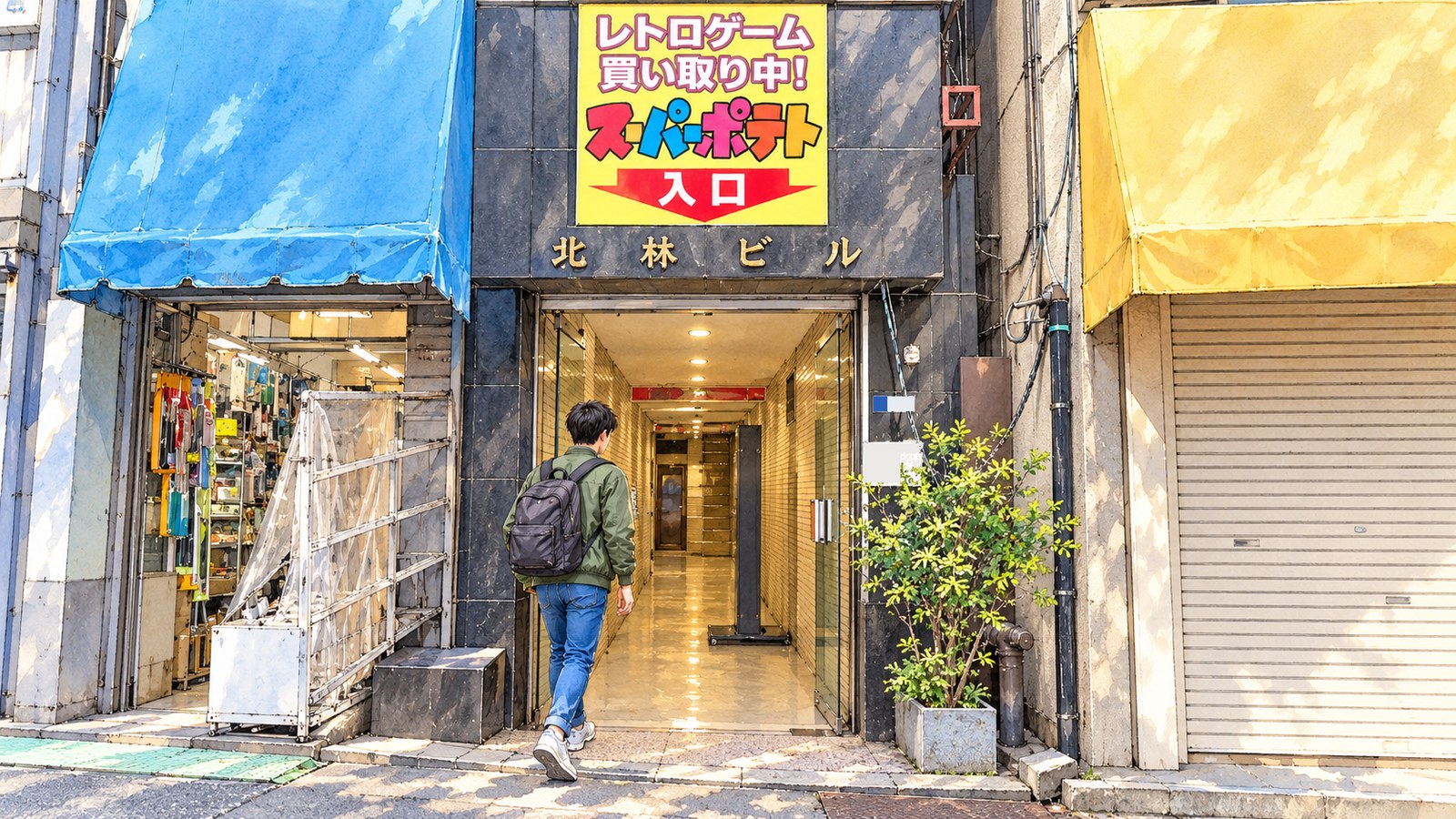 黄色いスーパーポテトの看板と北林ビルの入口へ入っていく男性のイラスト