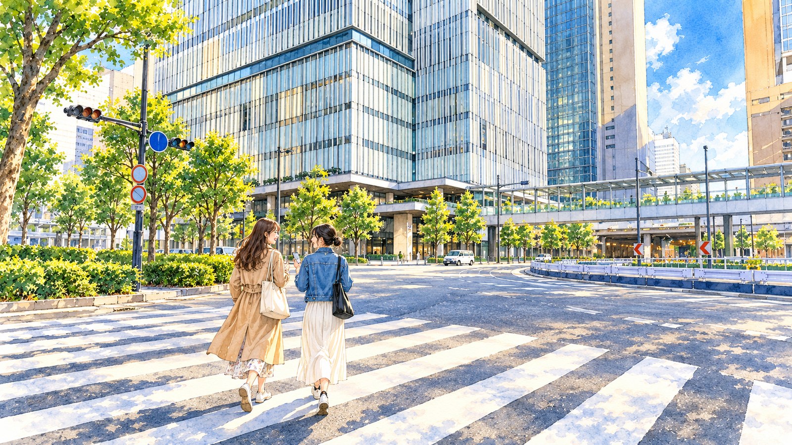 大阪駅前のJPタワー大阪の前の横断歩道を歩く二人の女性のイラスト