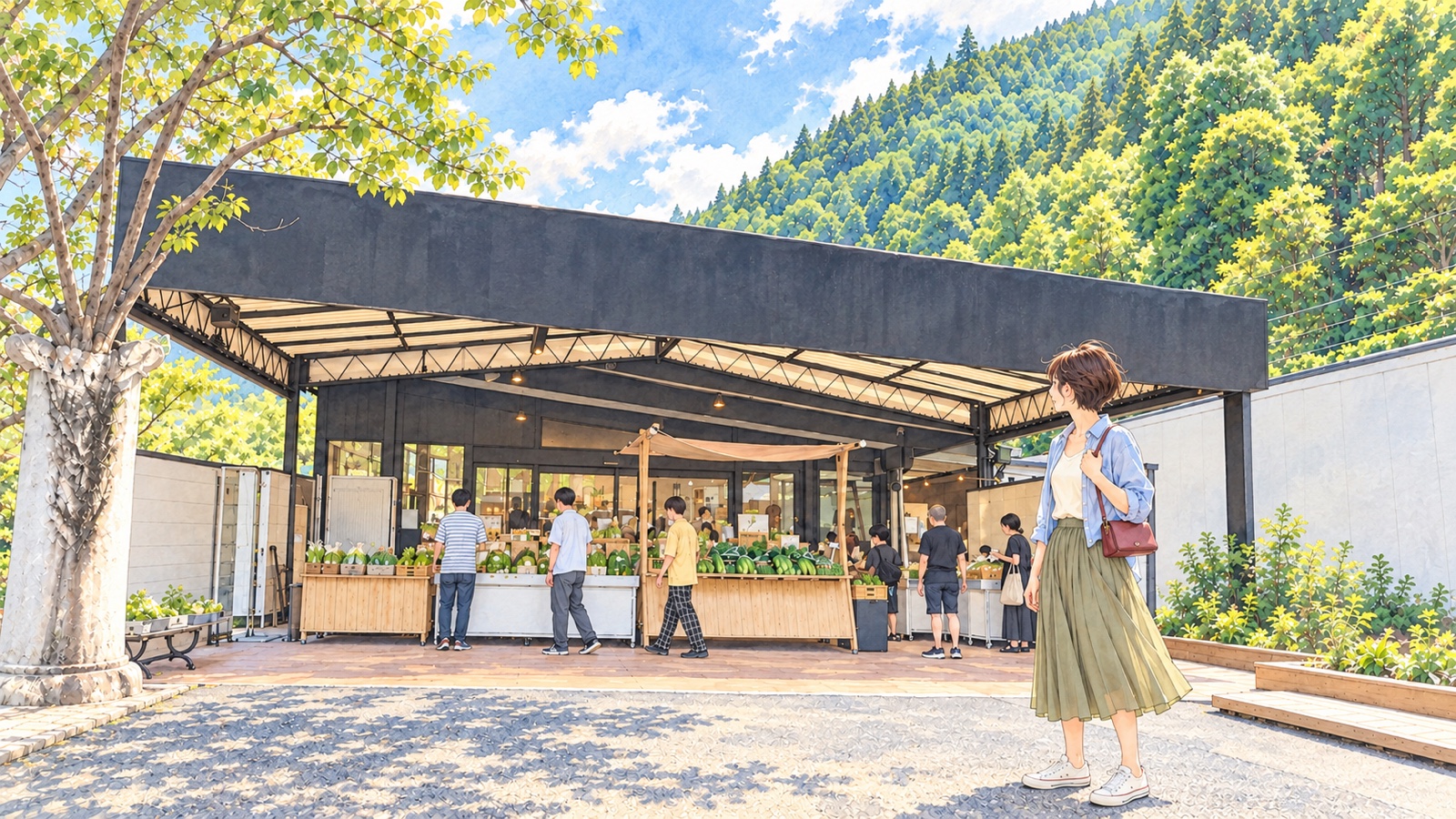 道の駅水辺の郷おおやまの庇がある建物と、手前の旅行者のイラスト