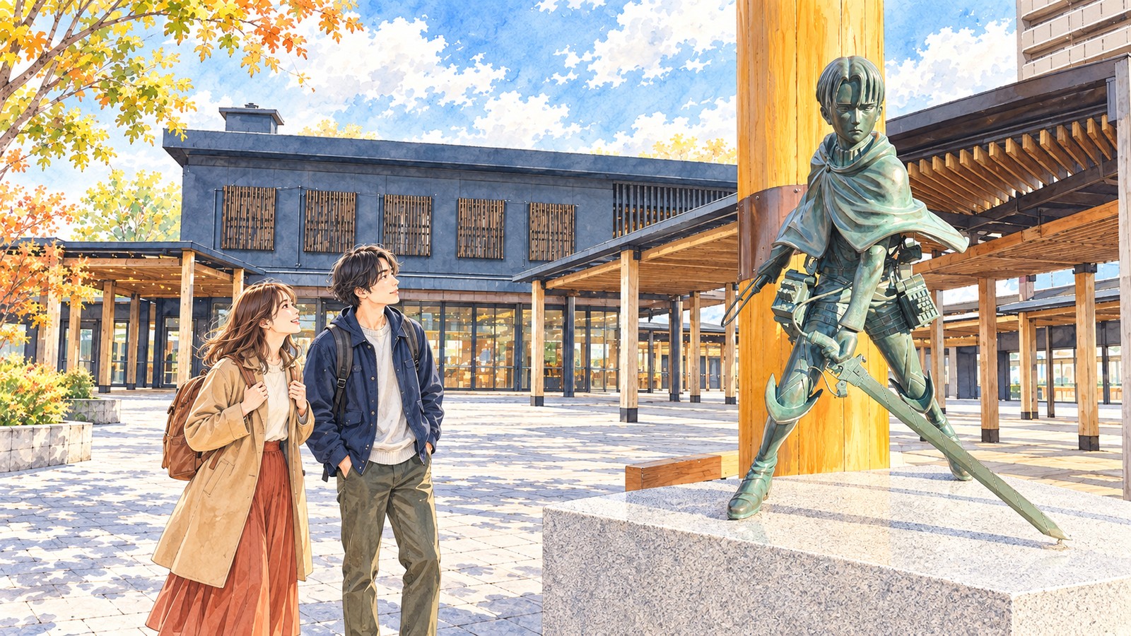 日田駅南広場のリヴァイ兵士長像と、見上げる二人の旅行者のイラスト