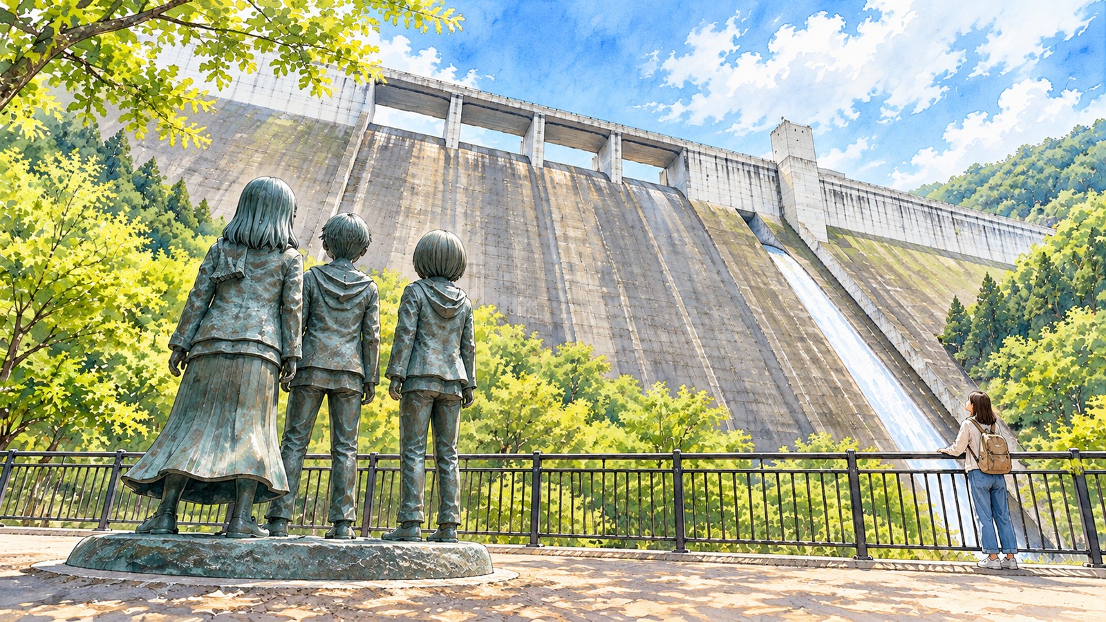 大山ダムの堤体を見上げる少年時代のエレン・ミカサ・アルミンの銅像のイラスト