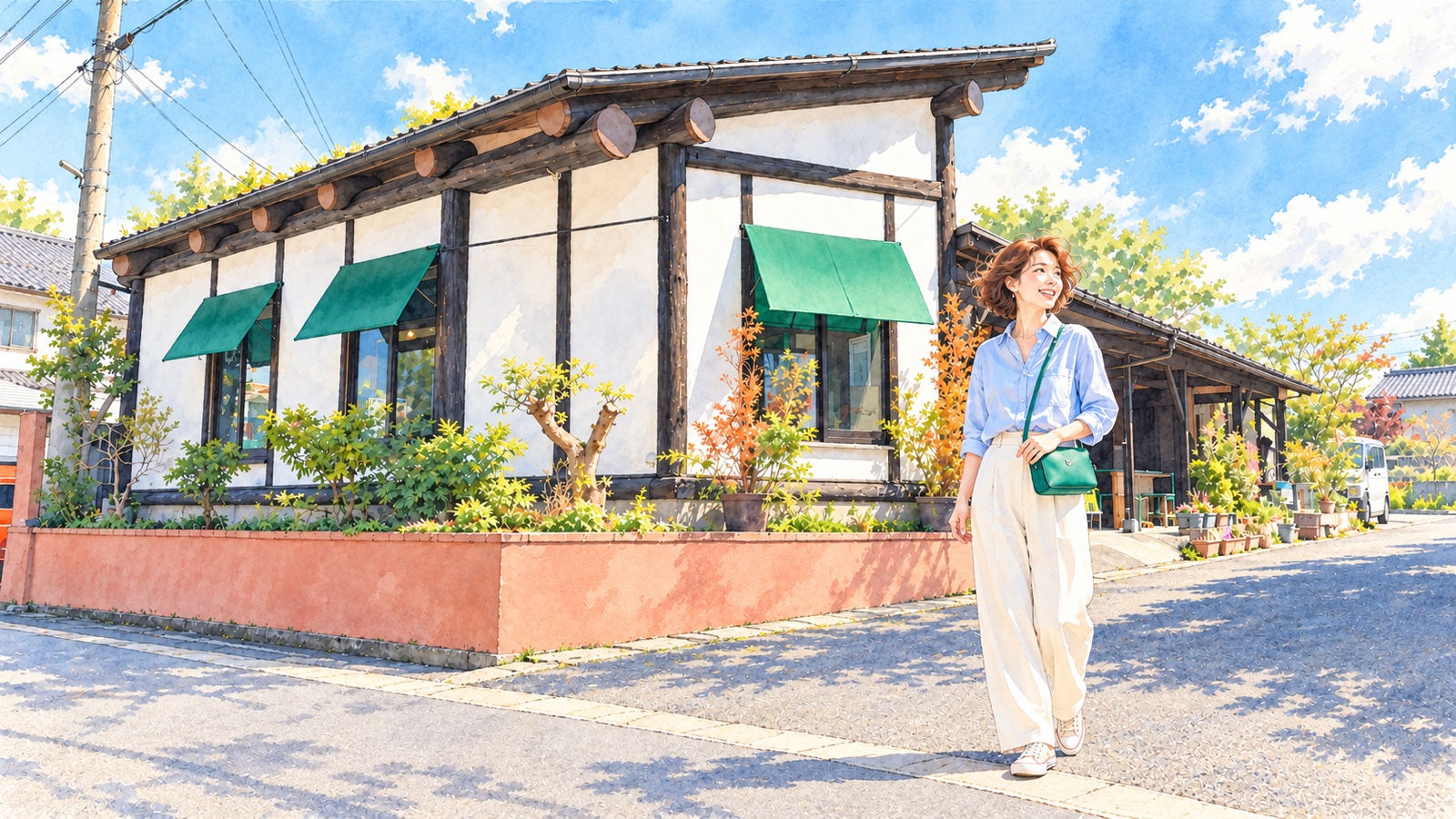 緑の庇が並ぶSLOW café丸山店の外観と、手前の旅行者のイラスト