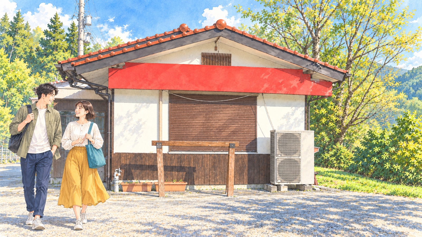 赤い軒看板と閉じたシャッターがある想夫恋大山店の外観と、二人の旅行者のイラスト