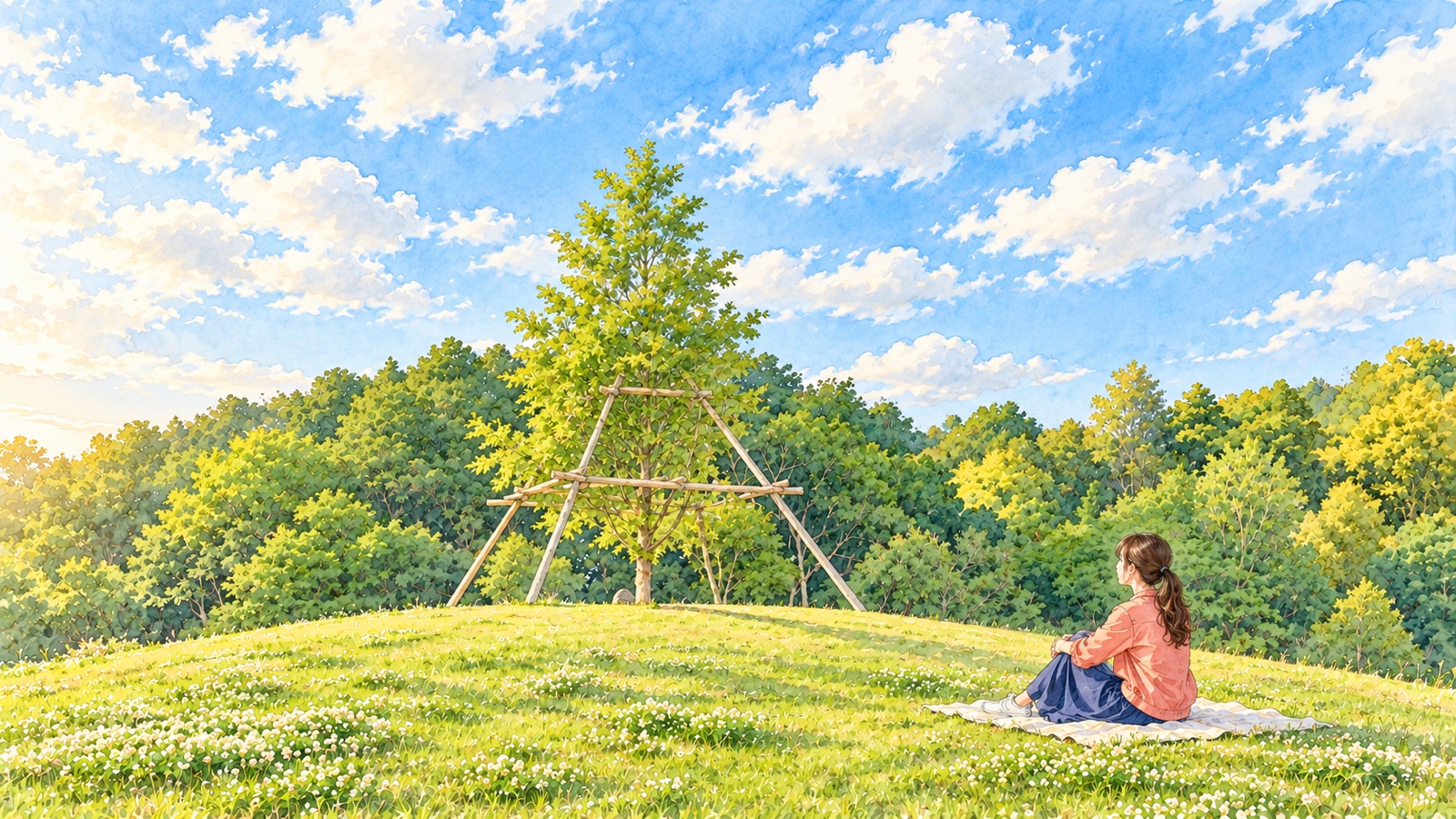 田来原美しい森づくり公園の若木と芝生、そばに座る旅行者のイラスト