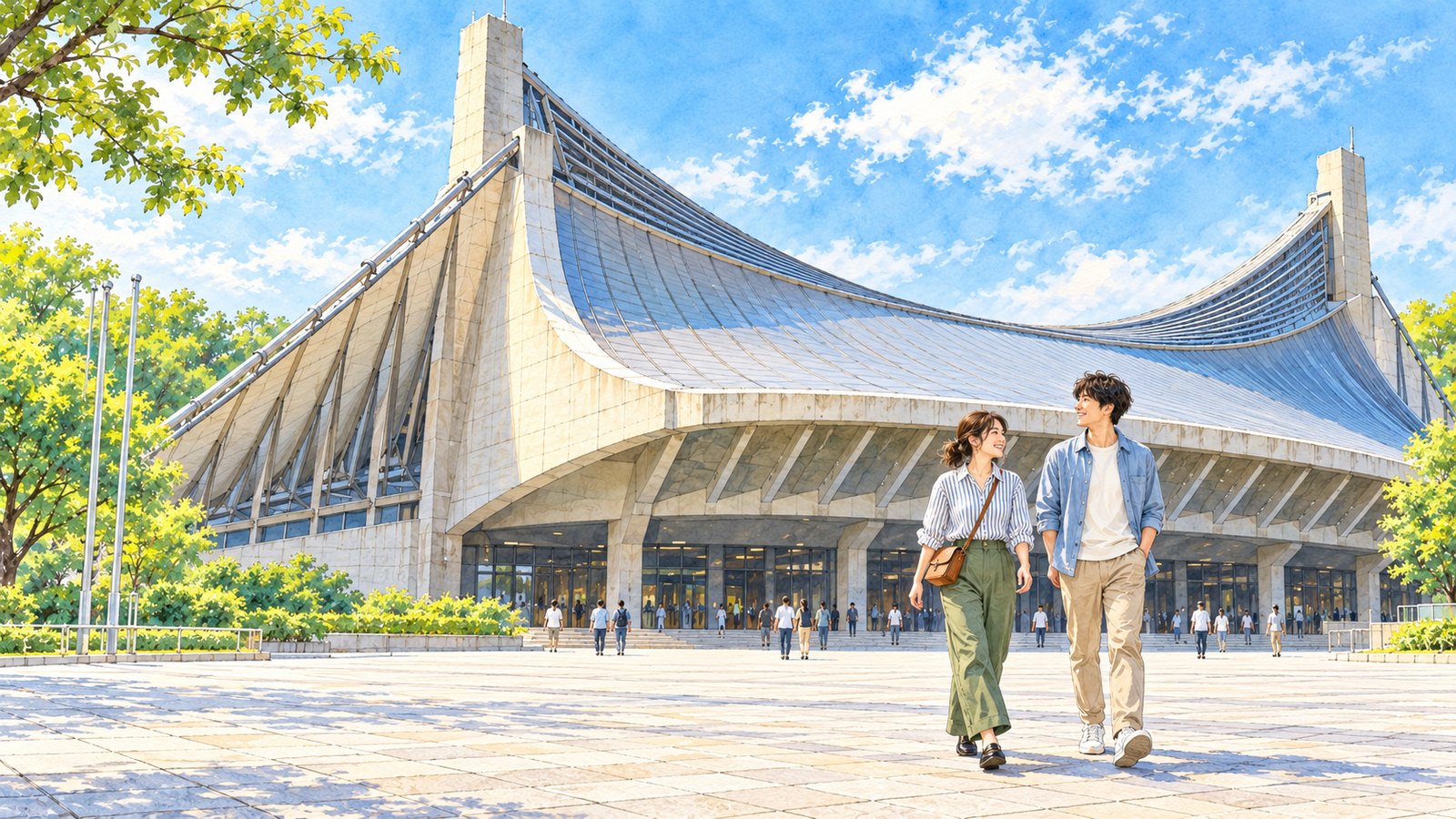 Illustration of the National Yoyogi Gymnasium First Gymnasium, with its large suspended roof, and two visitors walking across the plaza.