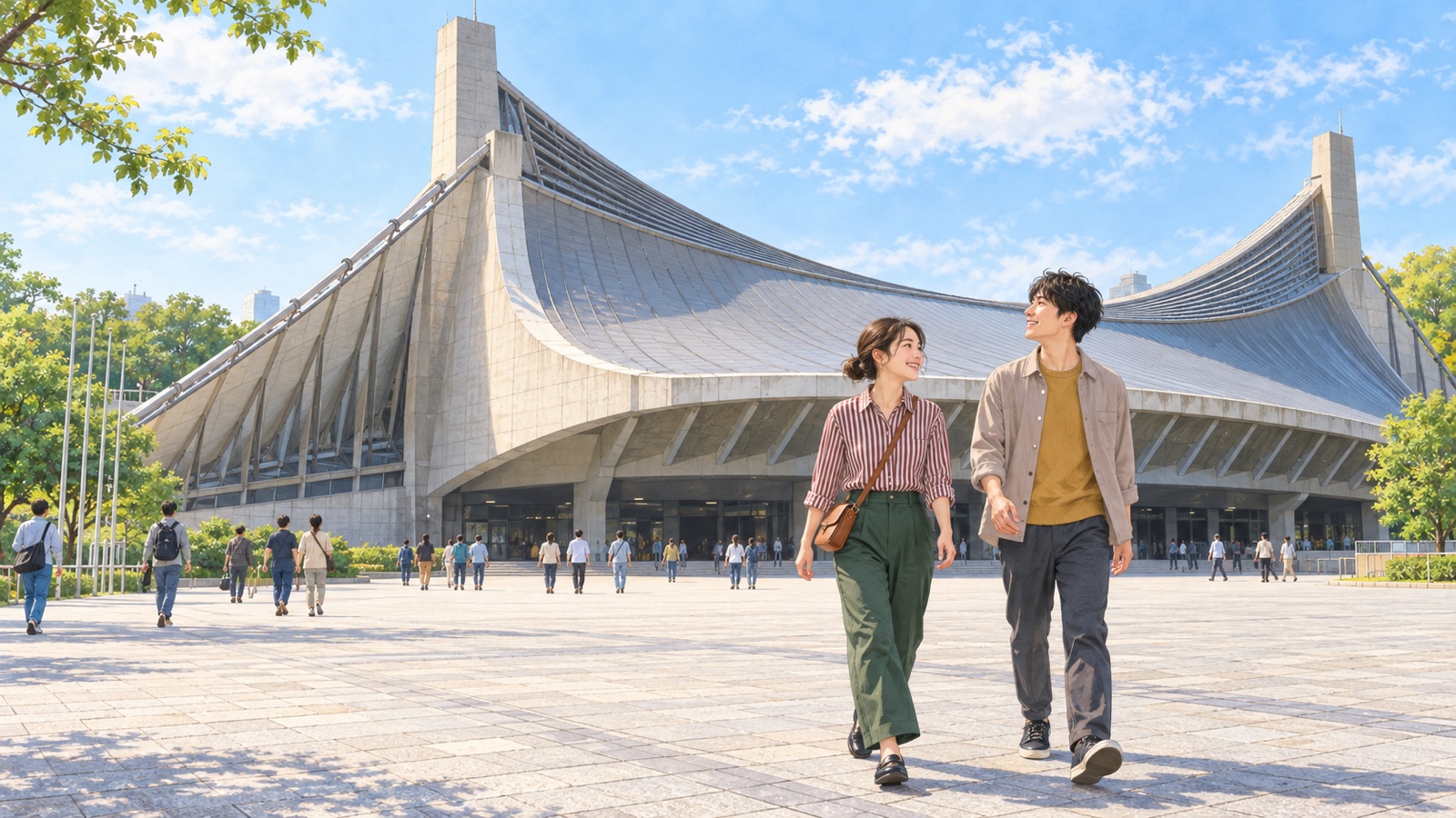 大きな吊り屋根の体育館を背に広場を歩く女性と男性のイラスト