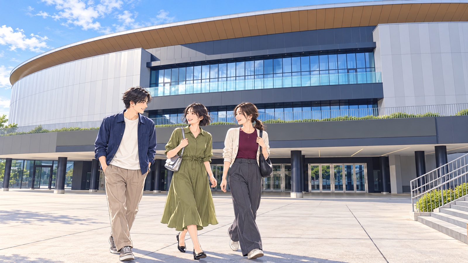 新しいアリーナの前の広場を歩く女性二人と男性一人のイラスト