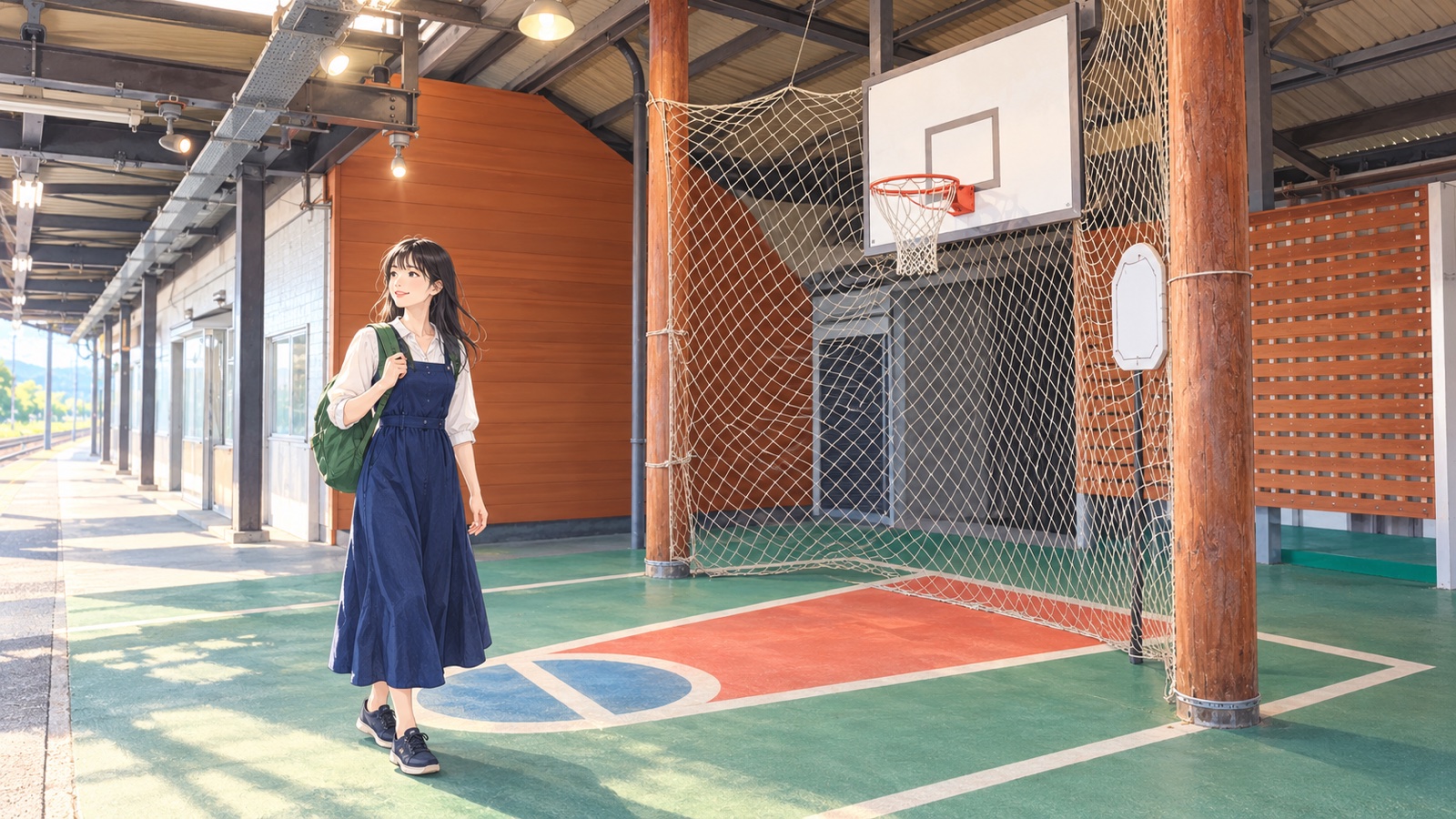 駅のホームの屋根の下にあるバスケットゴールのそばを歩く女性のイラスト