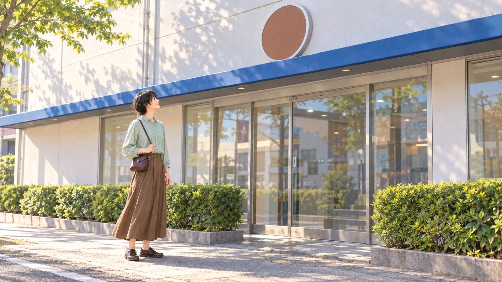 青いひさしと丸い看板のある建物の前で立ち止まり見上げる女性のイラスト