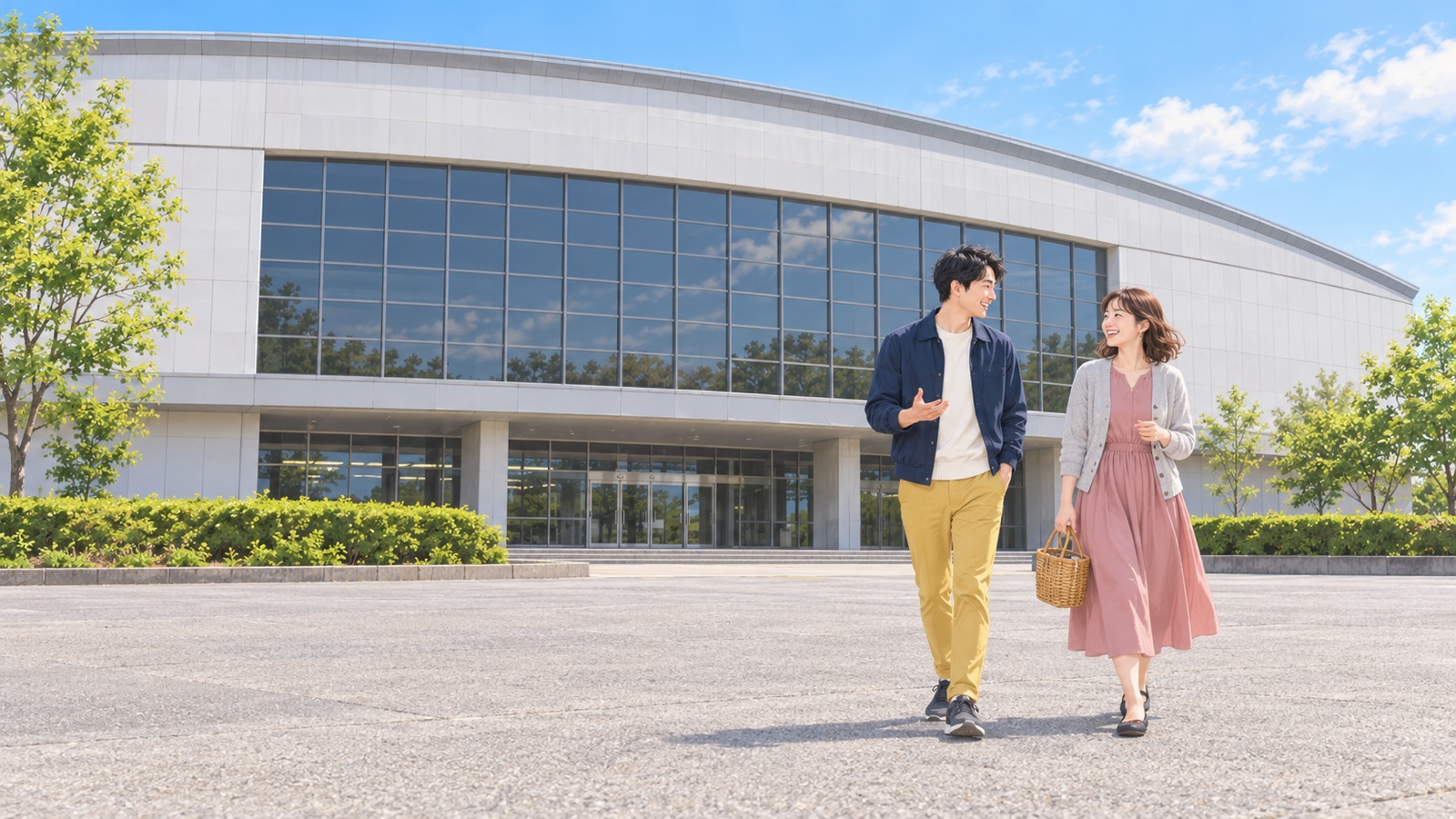 大きな体育館の前を話しながら歩く男女二人のイラスト