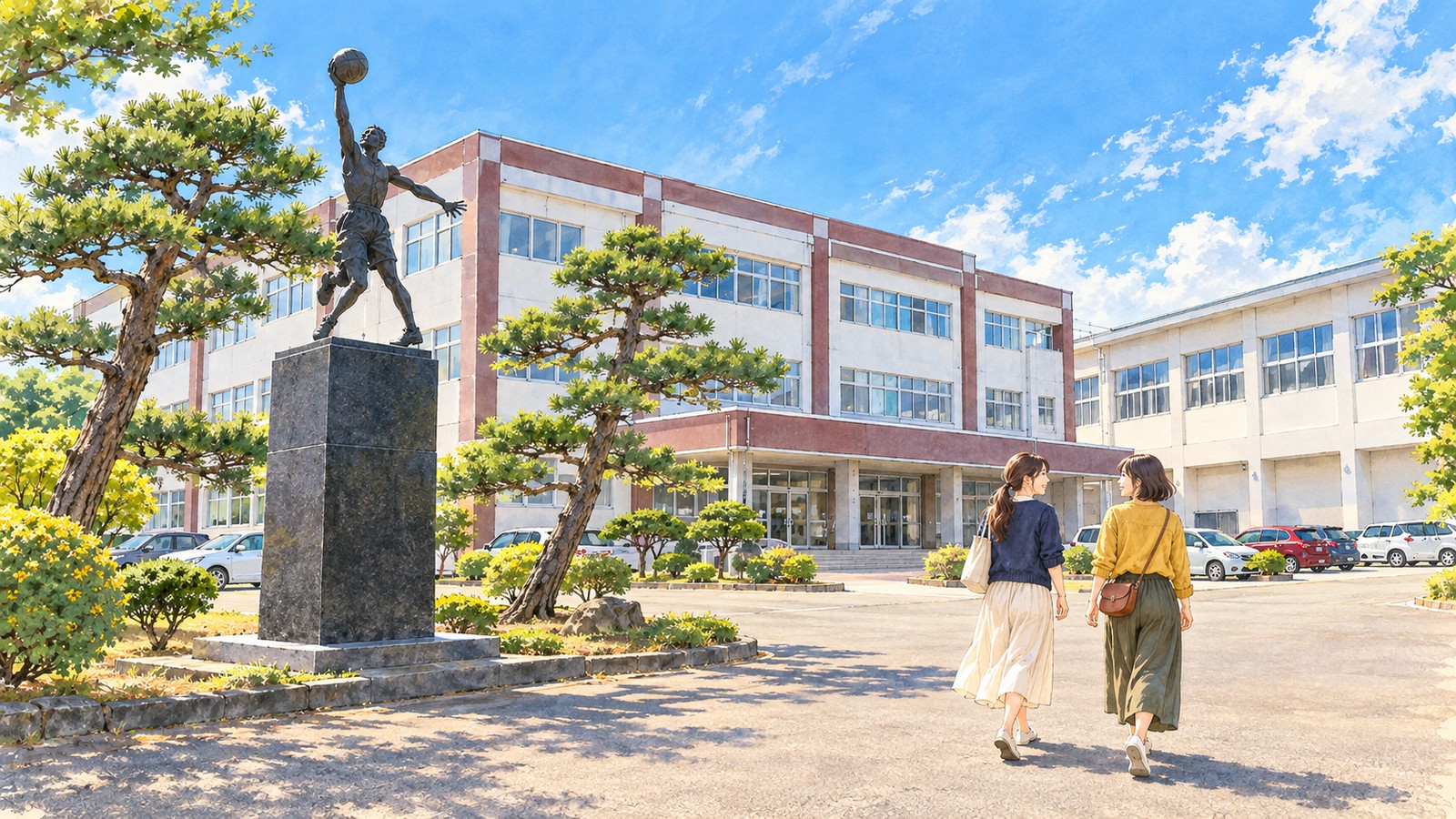 能代科学技術高校の校舎前に立つ「栄光の像」と、入口へ歩く二人の女性のイラスト