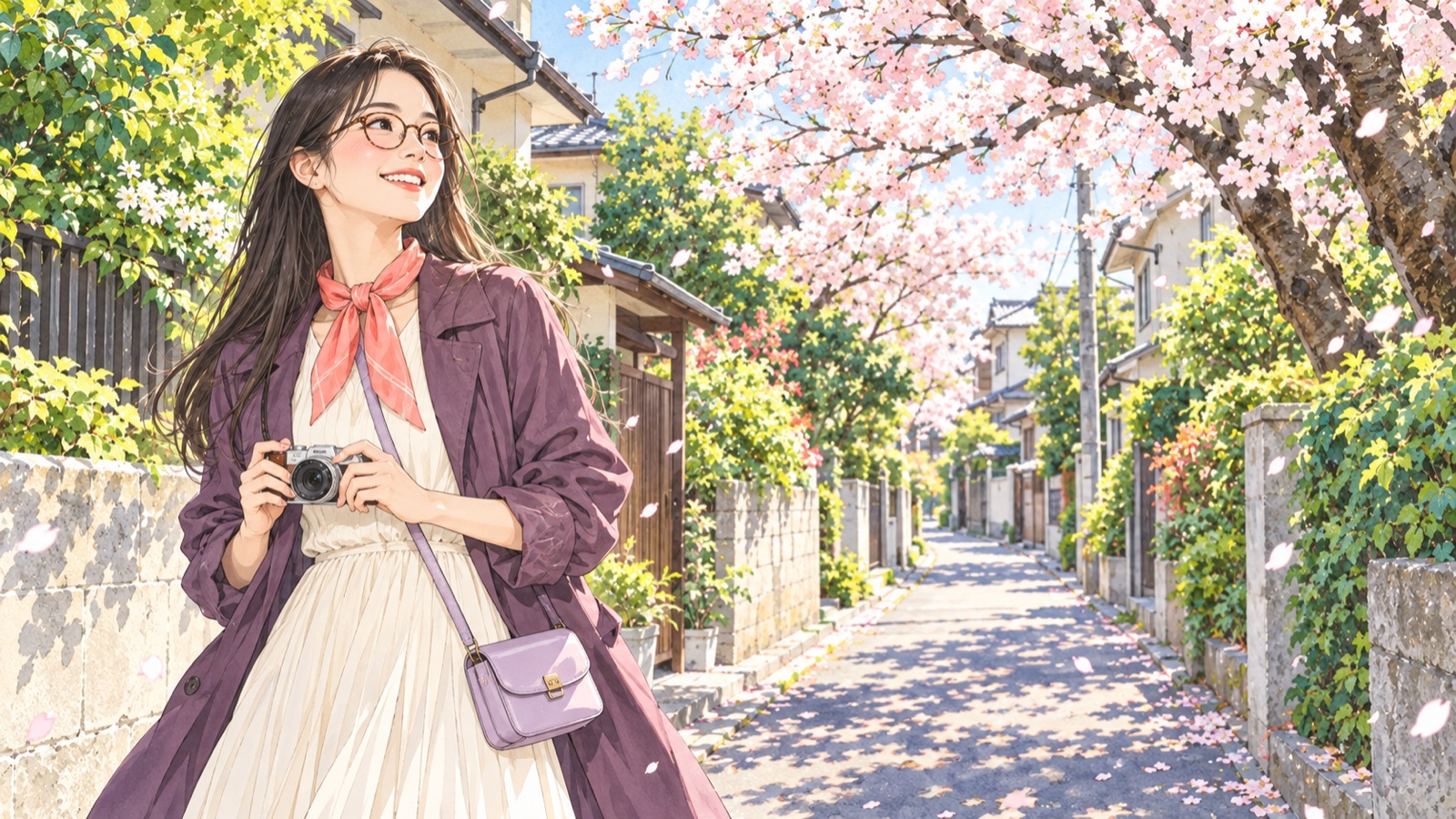 桜の咲く街でカメラを持つ眼鏡の女性のイラスト