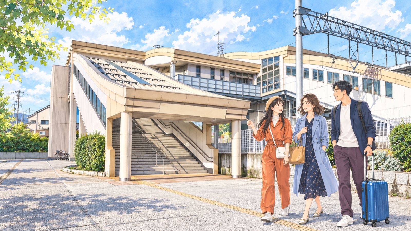 豊野駅前を訪ねる三人の男女のイラスト