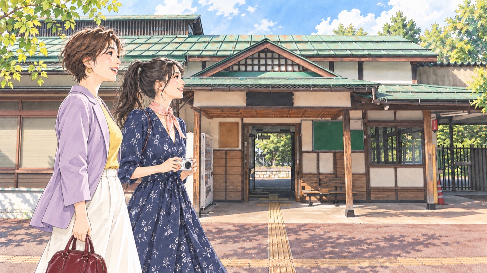 牟礼駅を訪ねる二人の女性のイラスト