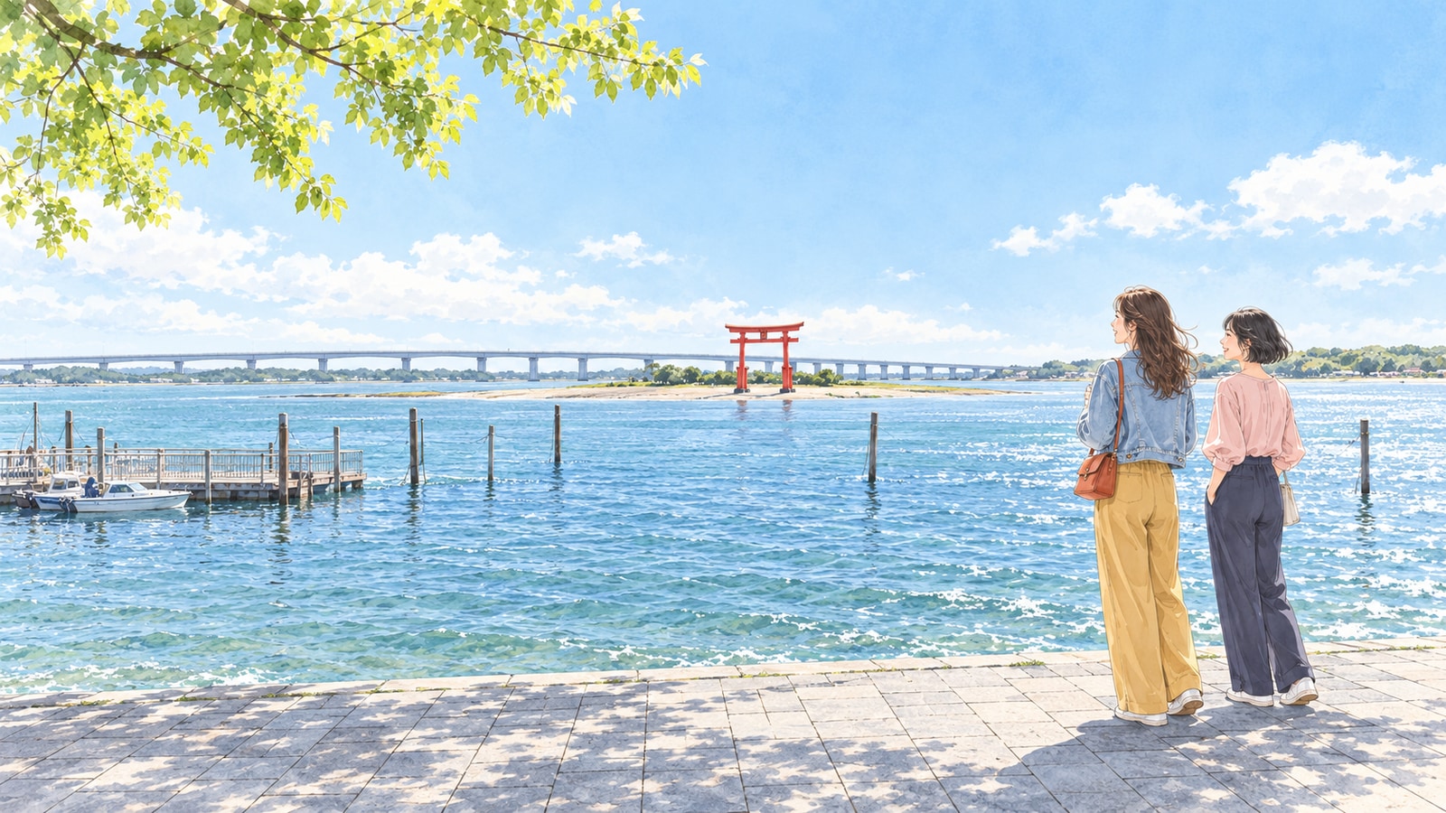 Illustration of two people looking at Lake Hamana’s red torii gate from Bentenjima Seaside Park