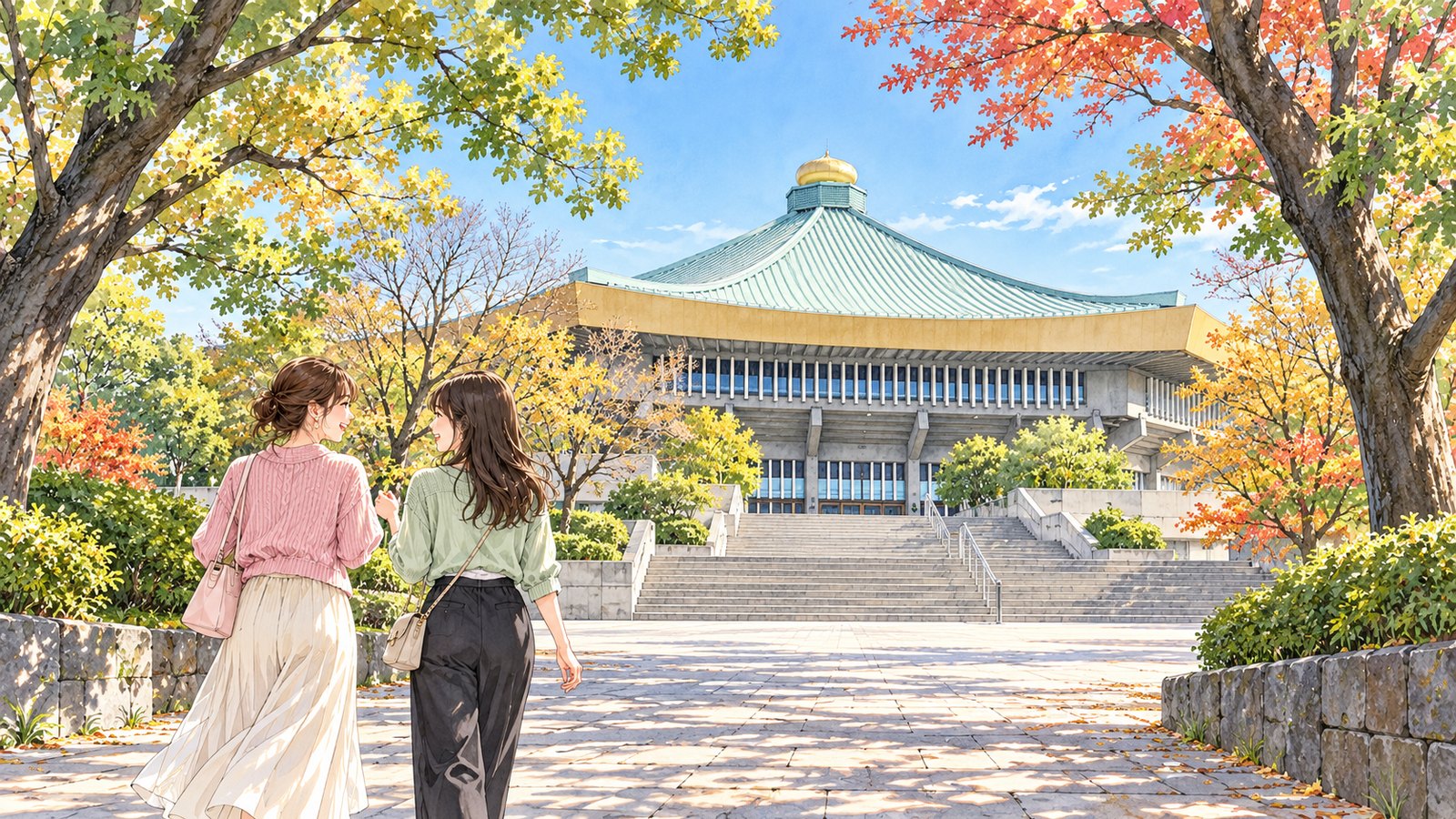 Illustration of two people looking toward the front of Nippon Budokan from Kitanomaru Park in autumn