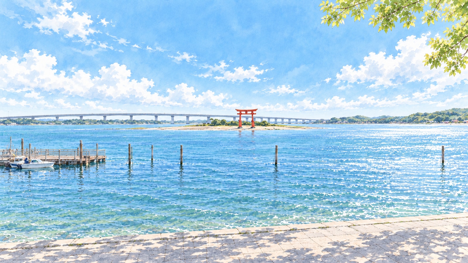 Illustration of the red torii and Hamana Bridge viewed across Lake Hamana from Bentenjima Seaside Park