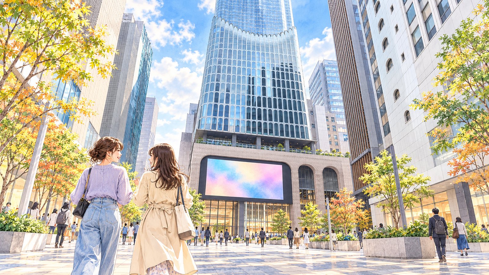 Illustration of two people in the plaza in front of Tokyu Kabukicho Tower, with Zepp Shinjuku (TOKYO) underground