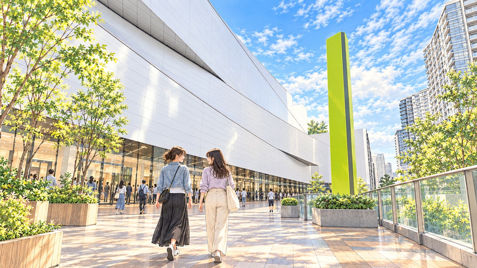 Illustration of two people walking along the pedestrian deck at Ariake Garden toward Tokyo Garden Theater