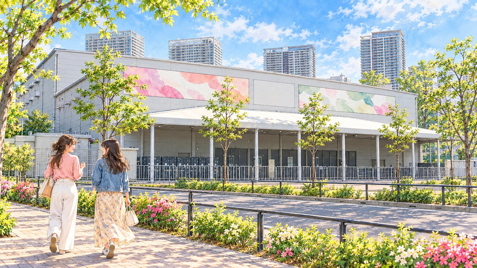 Illustration of two people walking past a tree-lined path in spring toward Toyosu PIT, with its white canopy