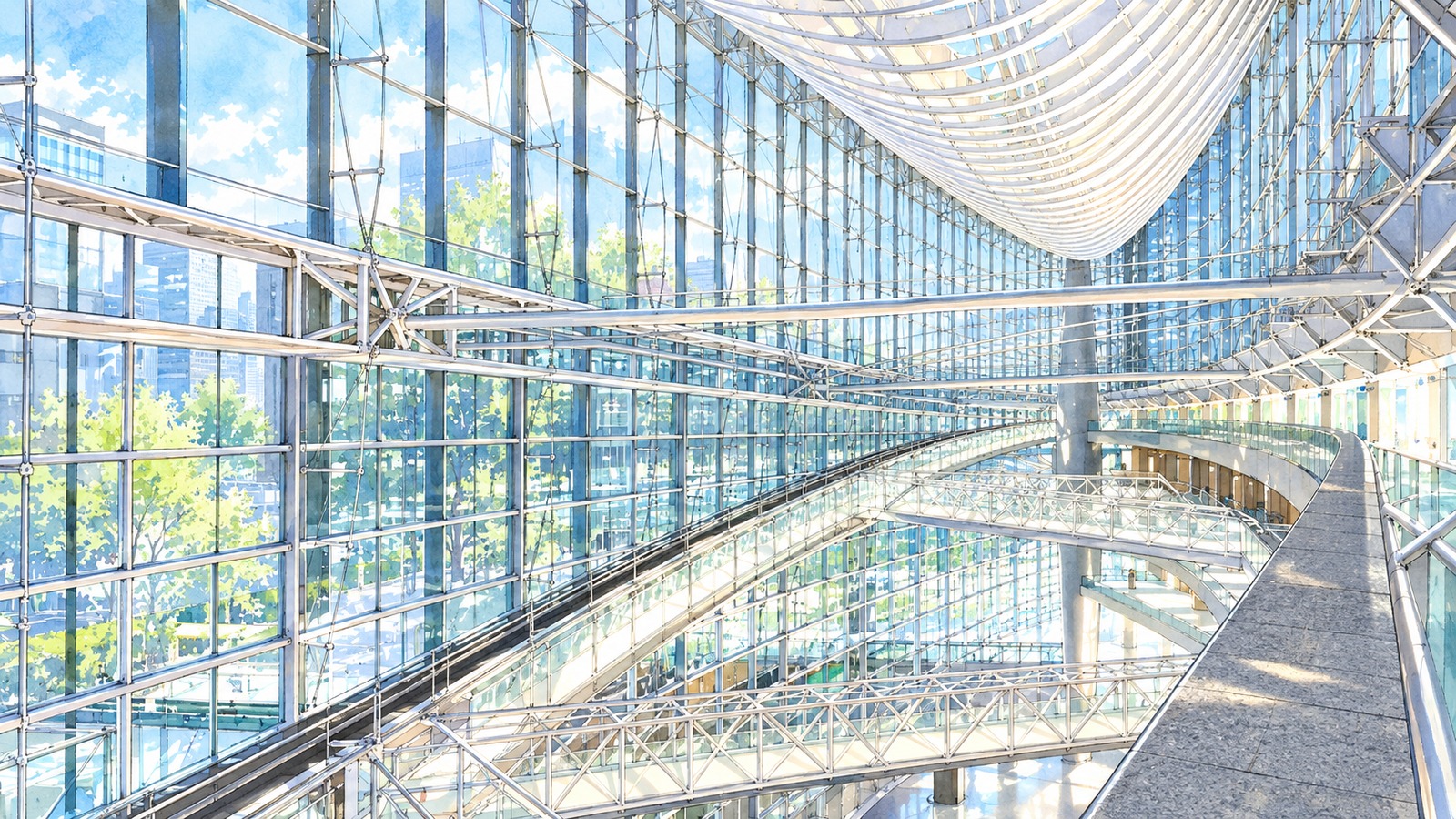 Illustration of Tokyo International Forum’s Glass Building and white beams
