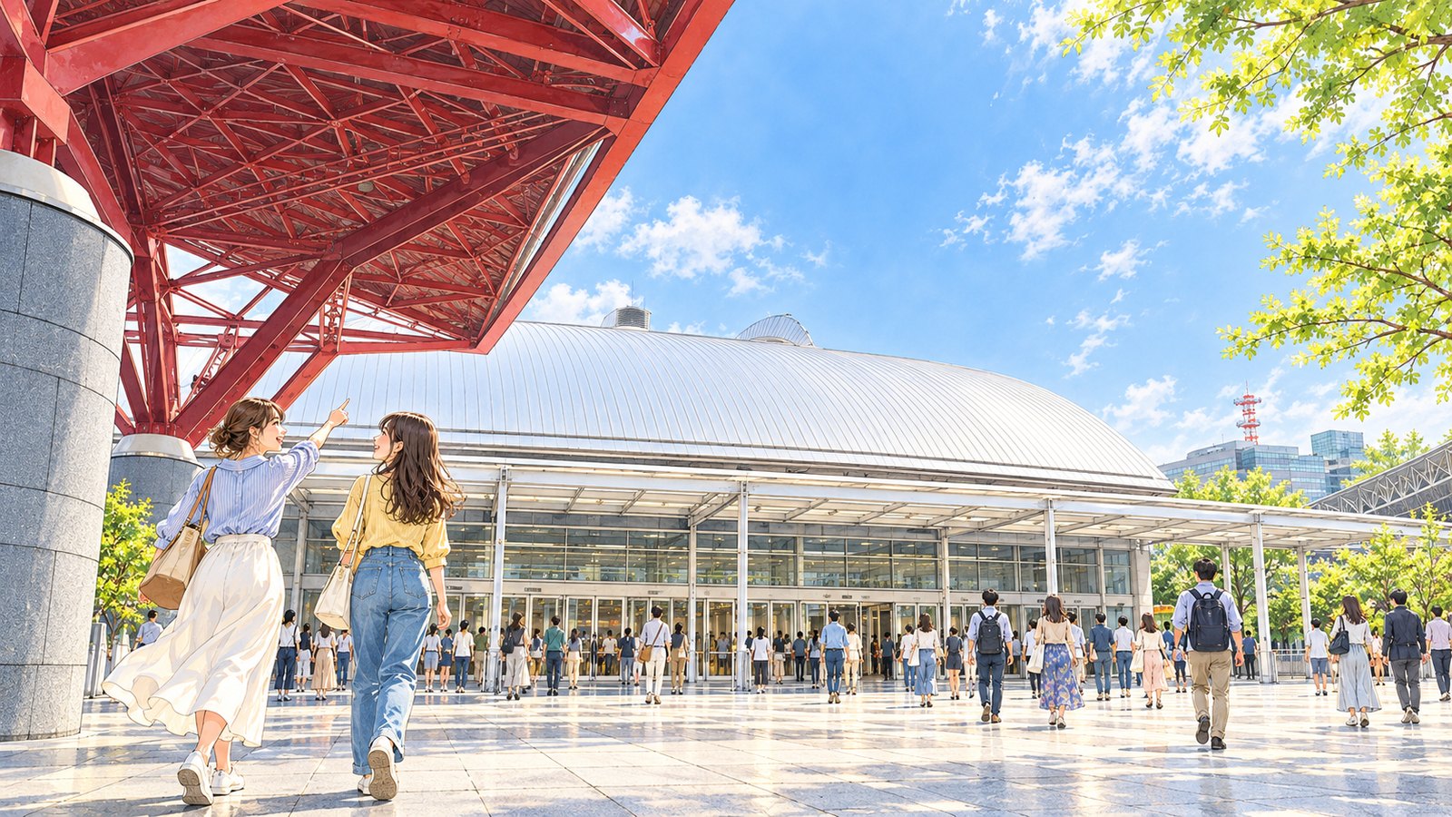 Illustration of two people heading from beneath red steel beams toward the entrance of Makuhari Event Hall, beneath its silver roof